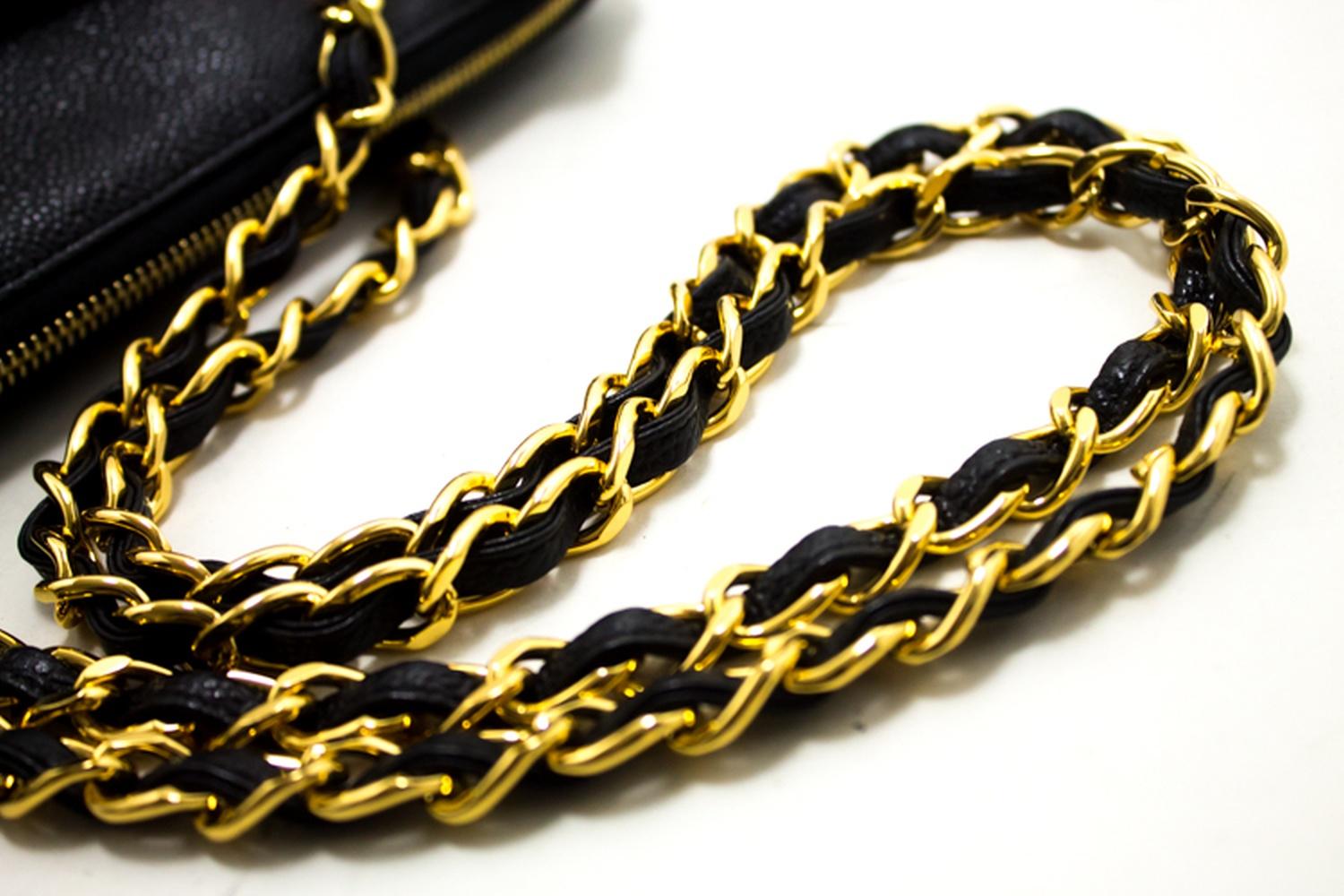 Chanel Caviar Large Chain Shoulder Bag Leather Black Gold Hardware 11