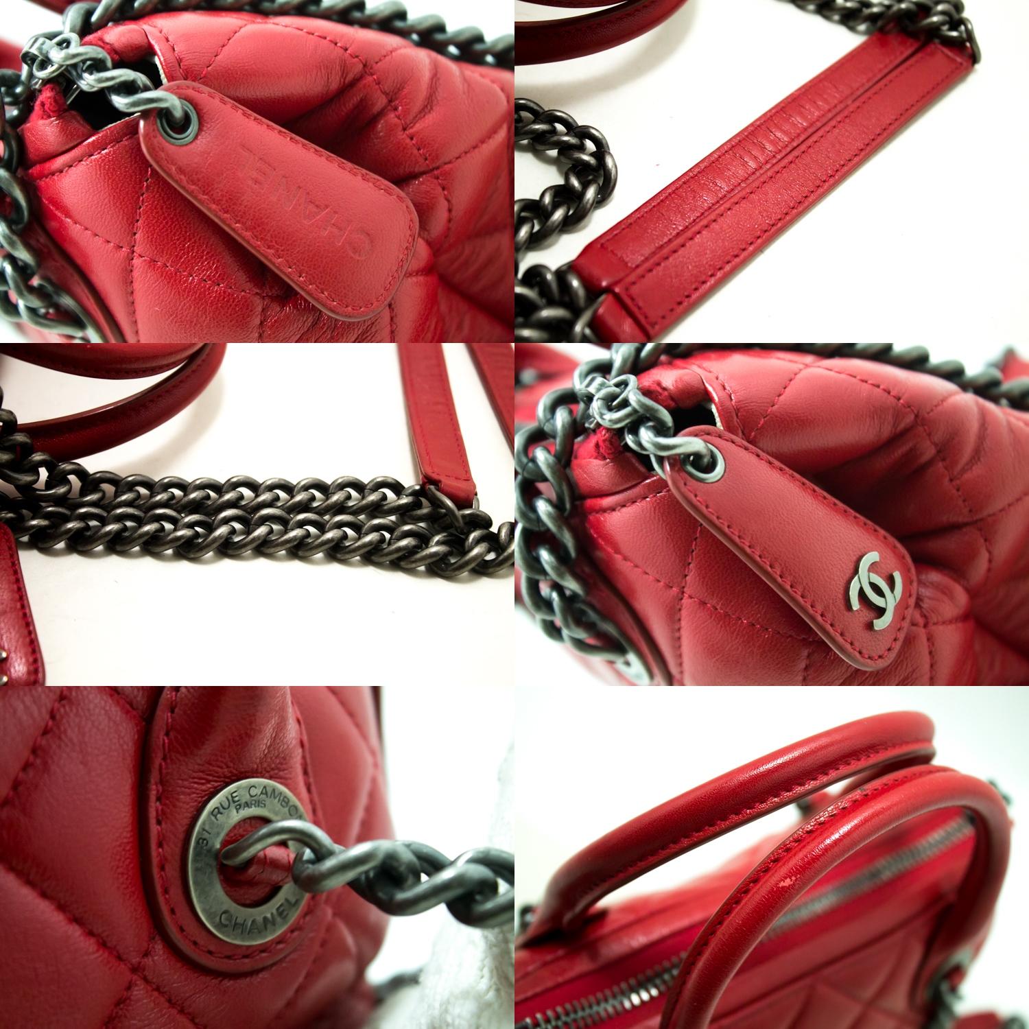 Women's CHANEL 2 Way Red Silver Chain Shoulder Bag Handbag Quilted Calf