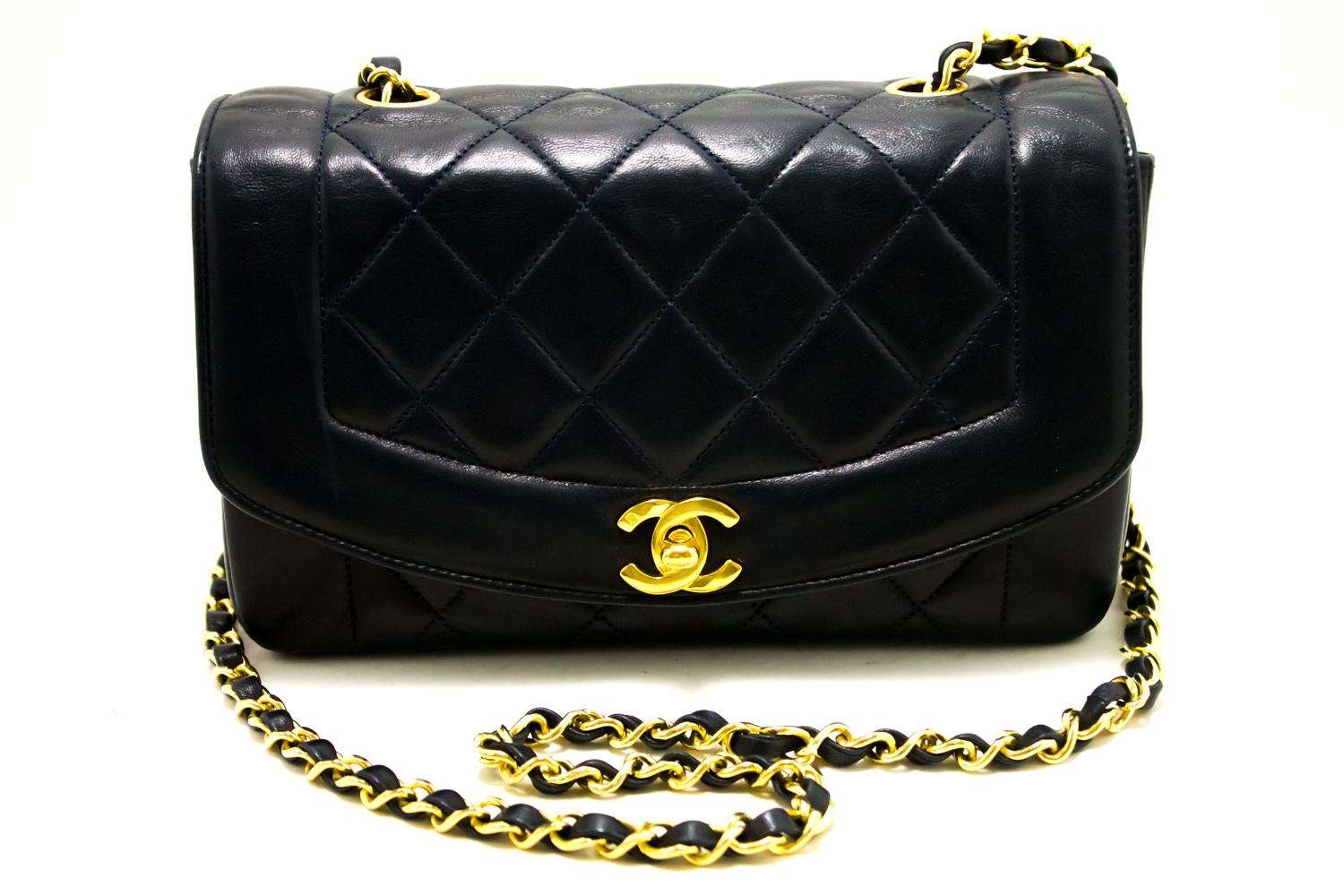 An authentic CHANEL Diana Flap Chain Shoulder Bag Crossbody Navy Quilted Lamb. The color is Navy. The outside material is Leather. The pattern is Solid.
Conditions & Ratings
Outside material: Lambskin
Color: Navy
Closure: Turnlock
Hardware and
