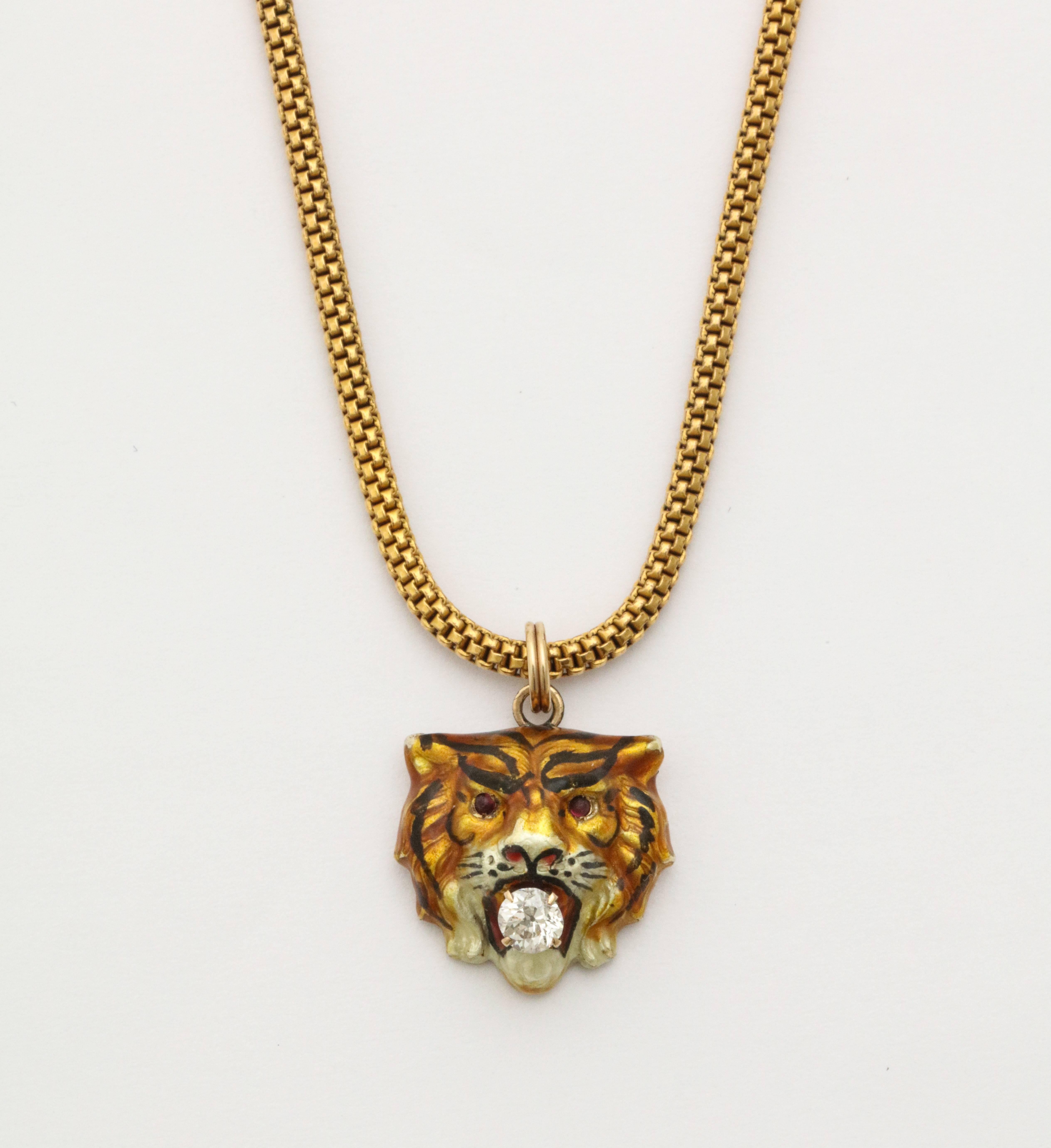 Modern Enamel and Diamond Tiger Pendant on a Gold Chain