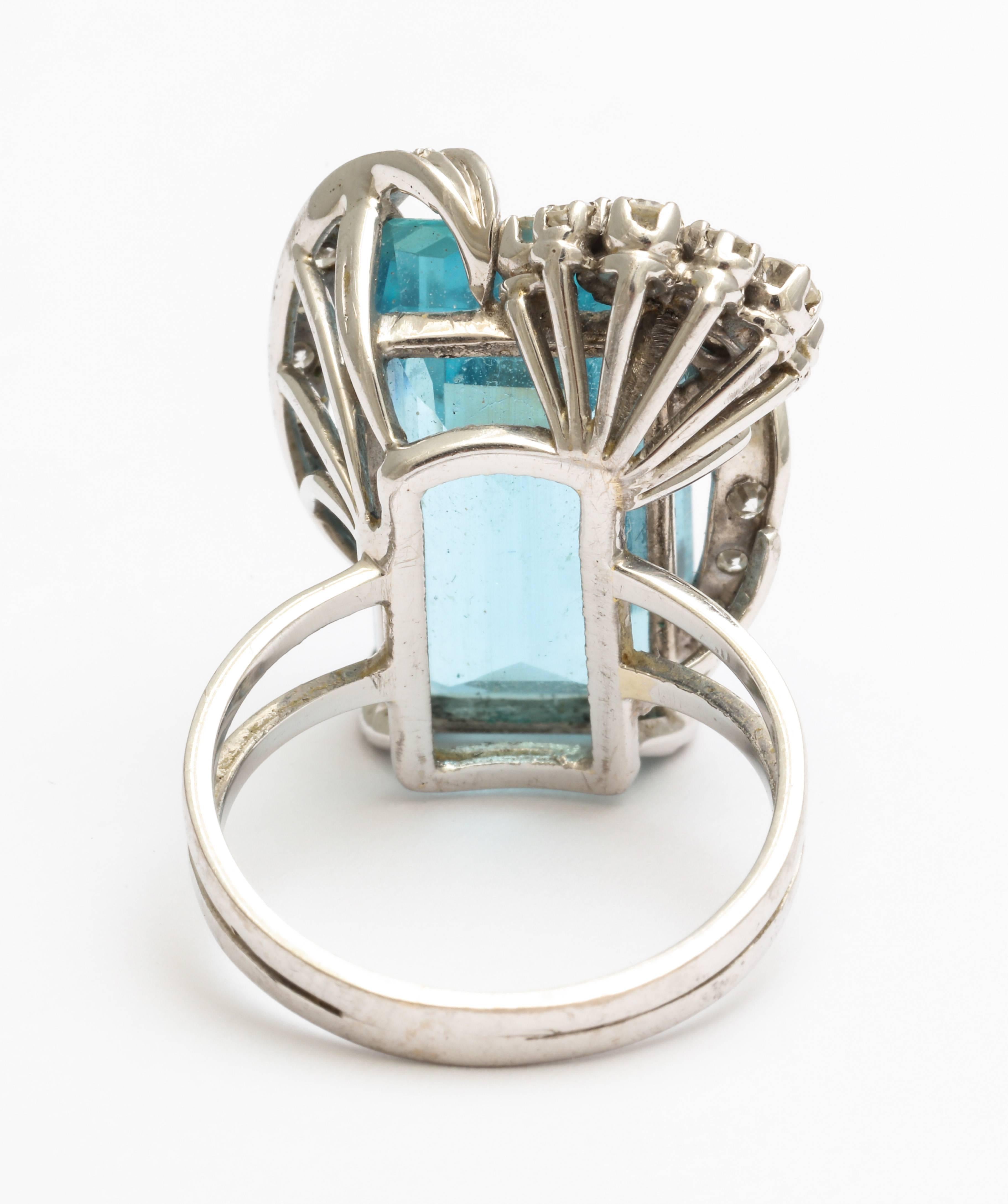 Modernist H. Stern Emerald Cut Aquamarine with Diamonds on a Platinum Ring