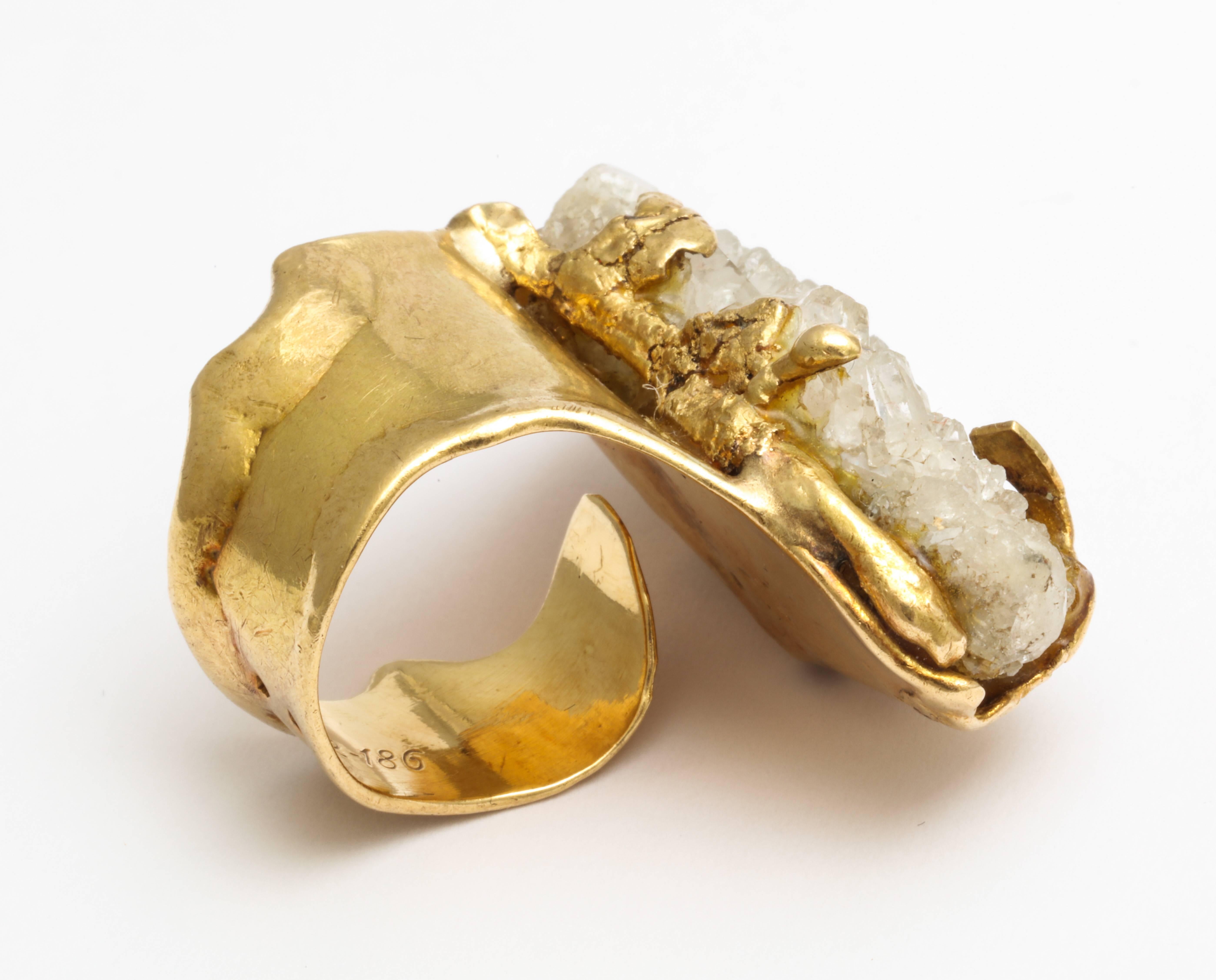 Women's or Men's Roland Schad Brutalist Gold and Quartz Ring