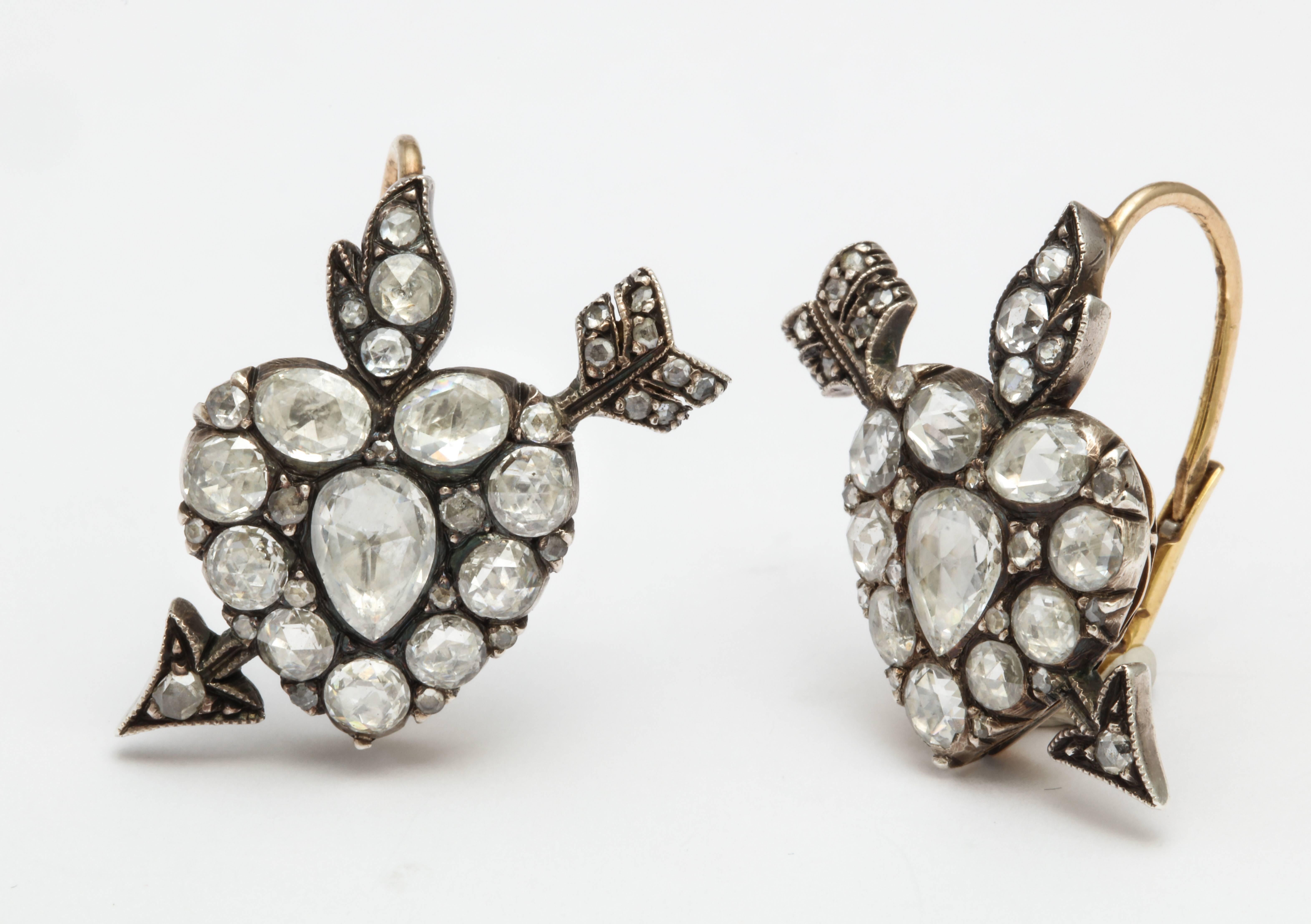 Georgian Rose Diamond Heart Form  Earrings In Good Condition In New York, NY