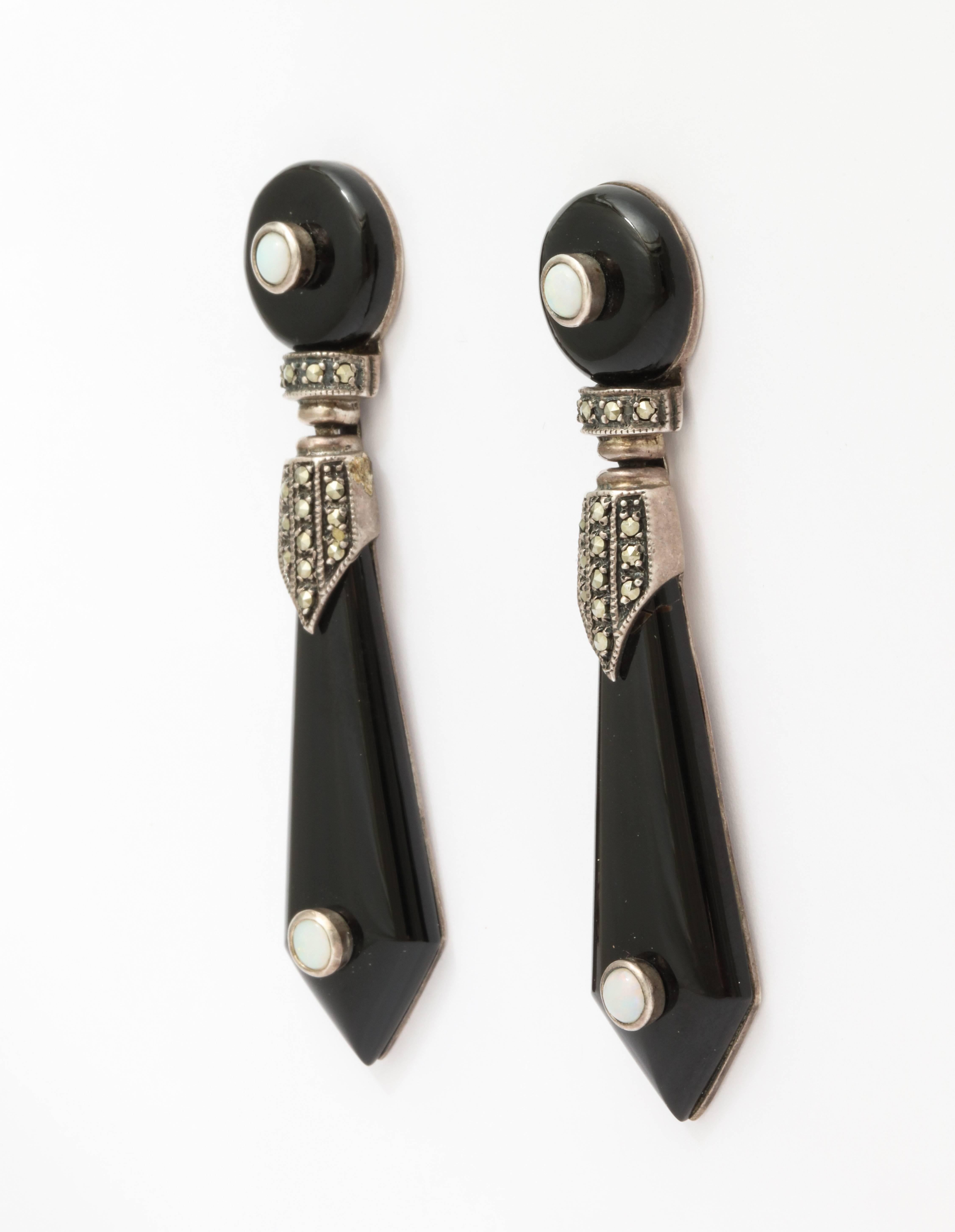 Art Deco Sterling, Onyx and Opal Drop Earrings
