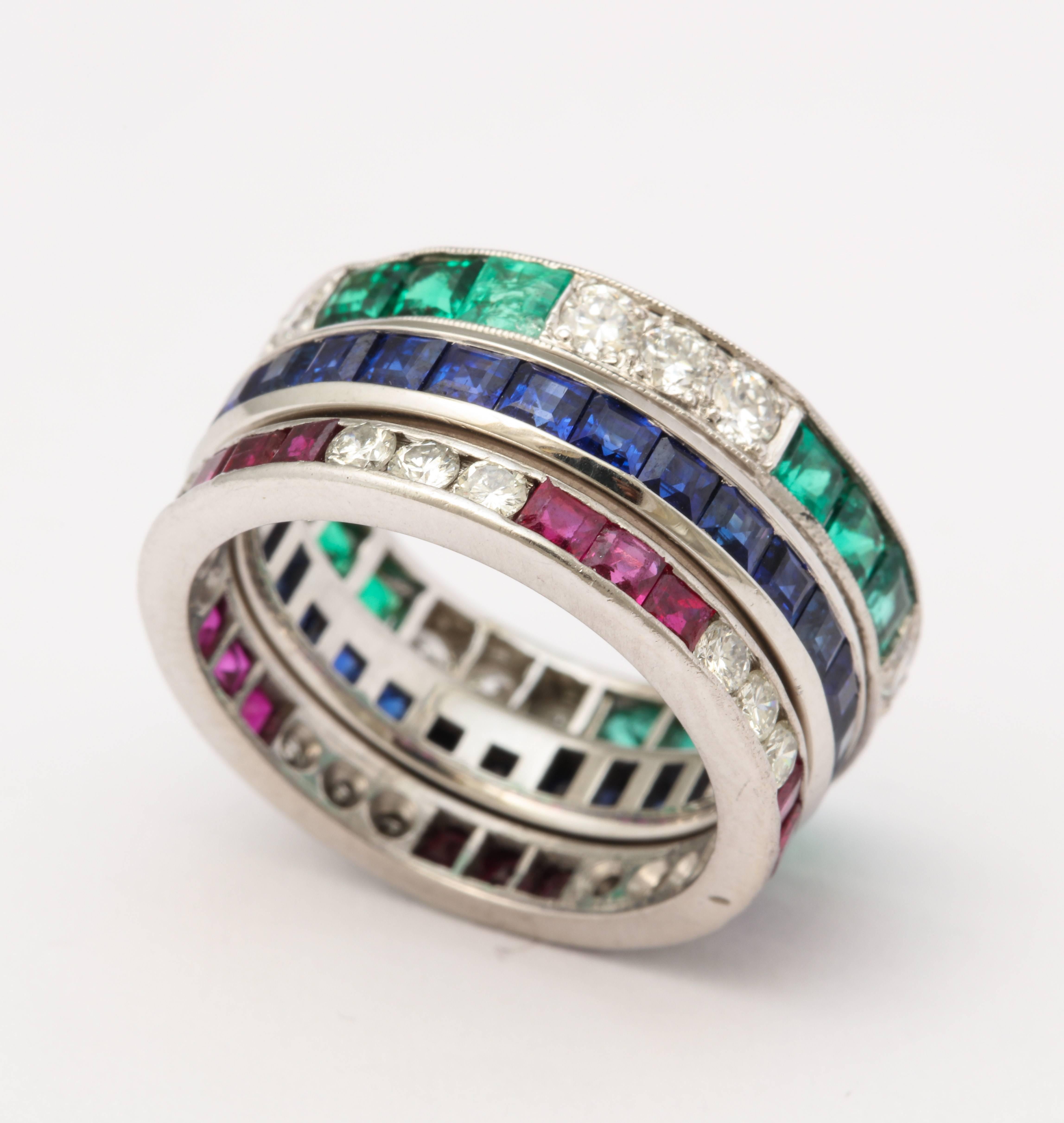 Wedding Bands of Diamonds, Sapphires, Rubies and Emeralds Set in Platinum In Excellent Condition In New York, NY