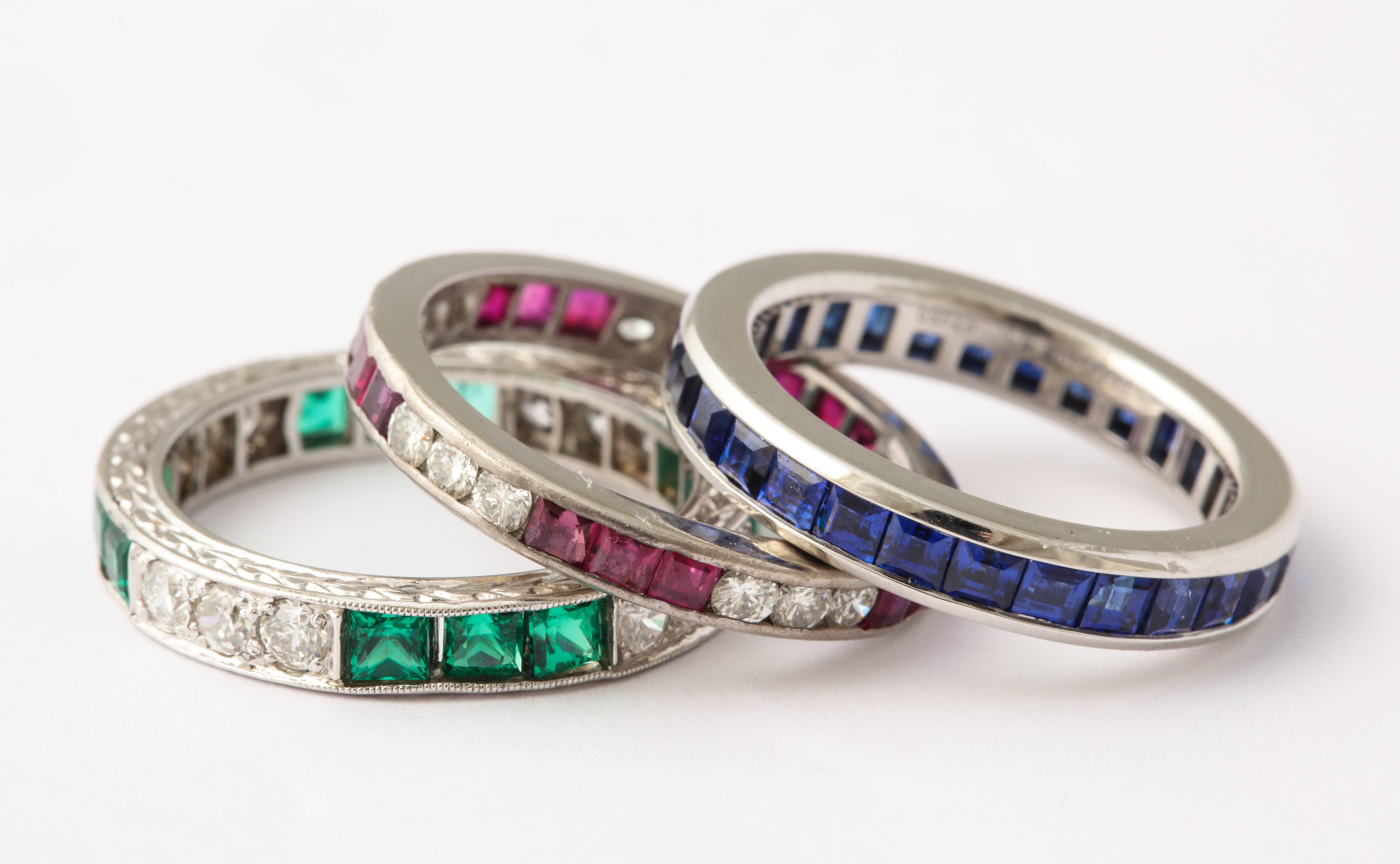 A great collection of various wedding bands set in platinum individually available.
 Tiffany and Co sapphires set in platinum ring size 5.5 $3800.  Emeralds and diamonds set in platinum size 6.25 $3,200. Rubies and diamonds set in platinum ring size