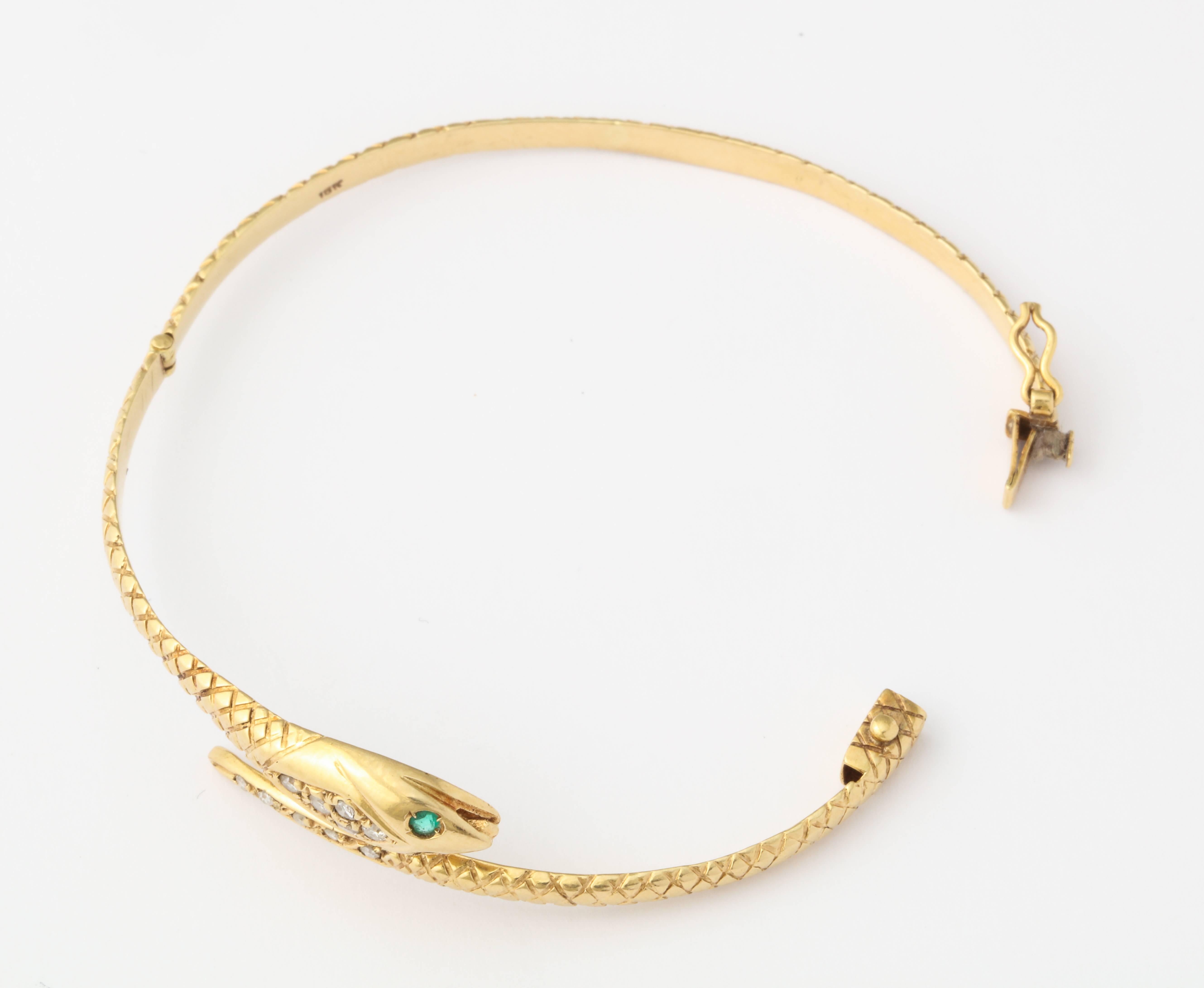 Edwardian Antique Snake Bracelet with Diamond Head and Emerald Eyes