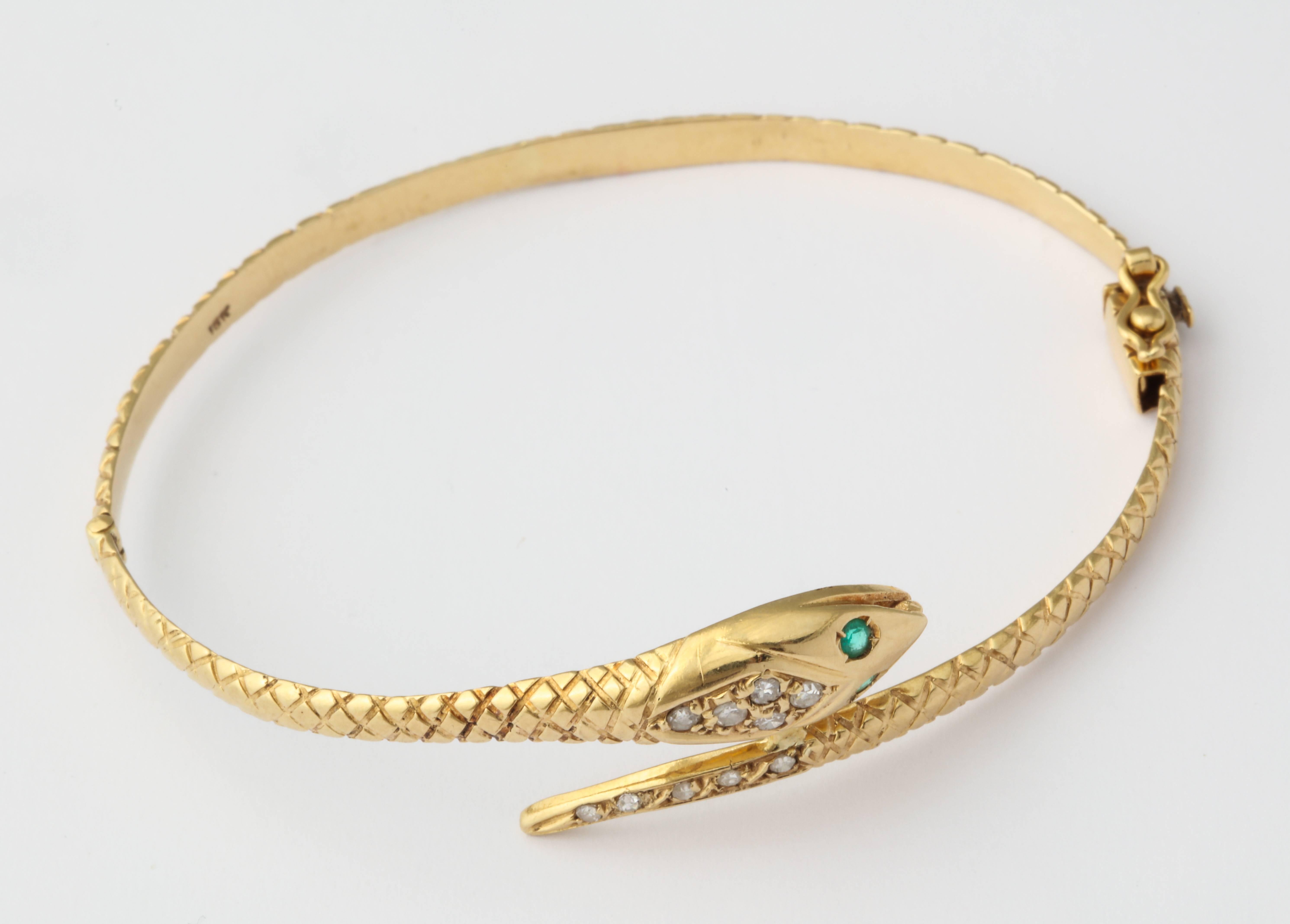 Women's Antique Snake Bracelet with Diamond Head and Emerald Eyes