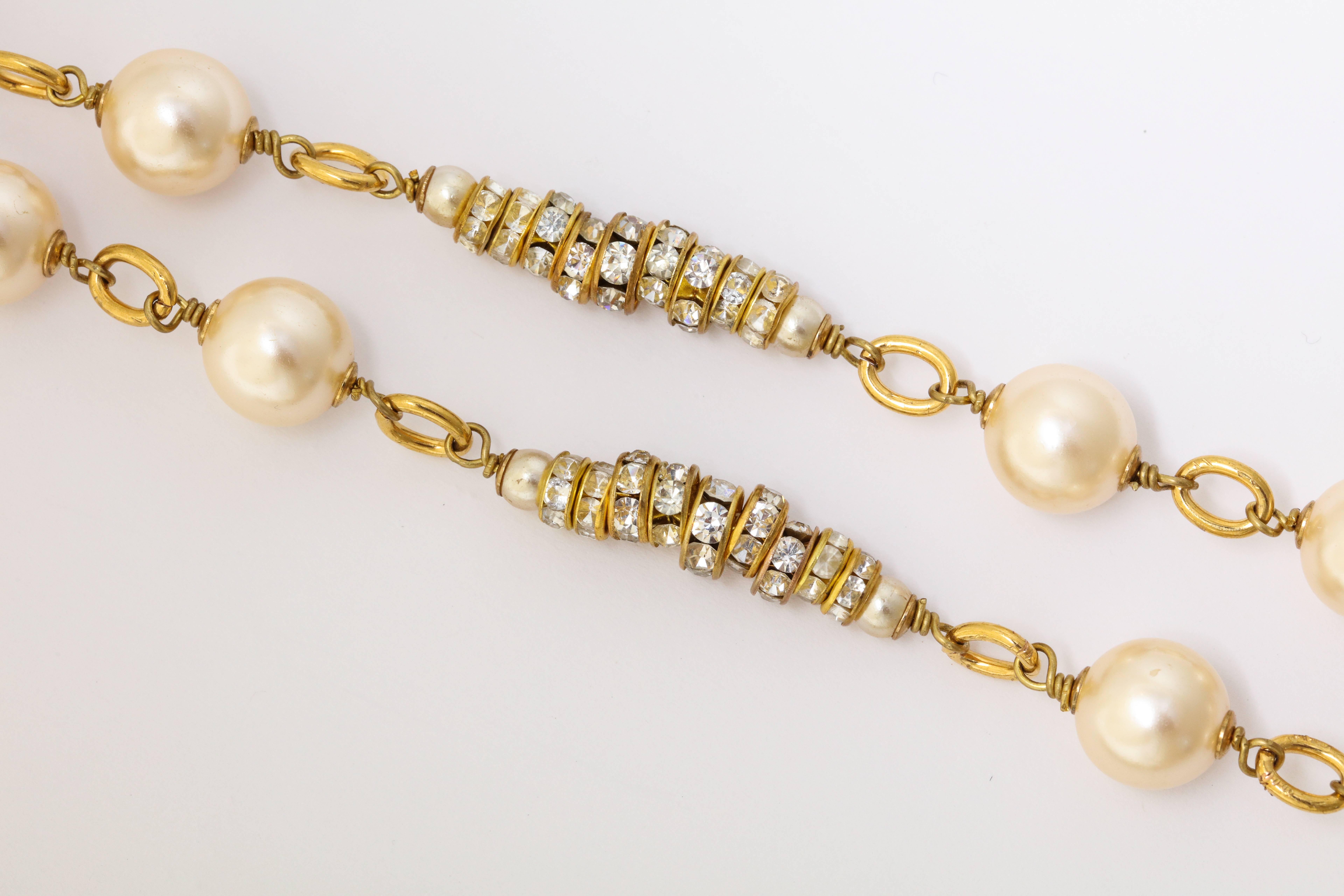 Long Chanel Faux Pearl and Glass Necklace In Excellent Condition In New York, NY