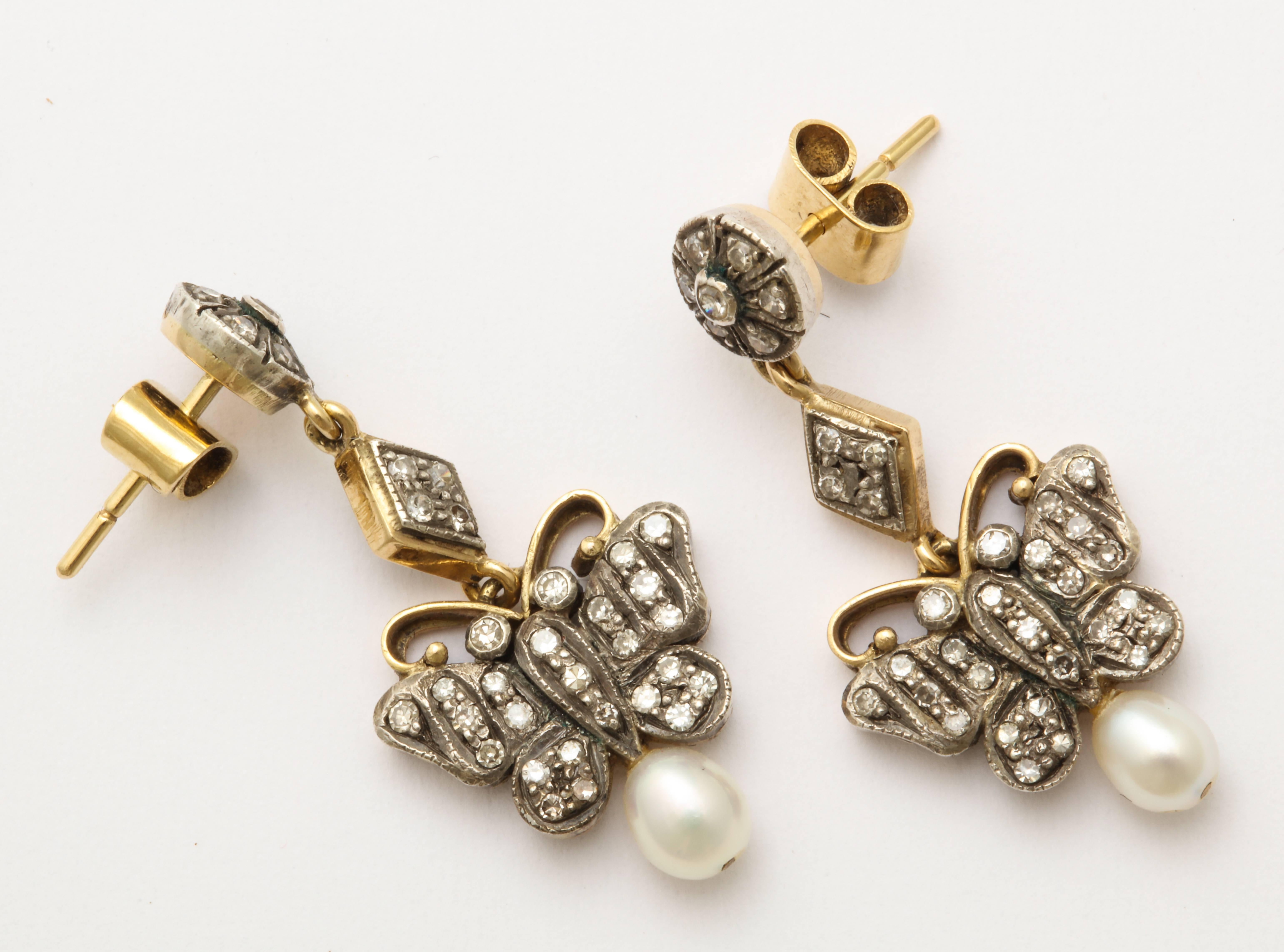 Edwardian Antique Gold and Silver Diamond and Pearl Butterfly Drop Earrings