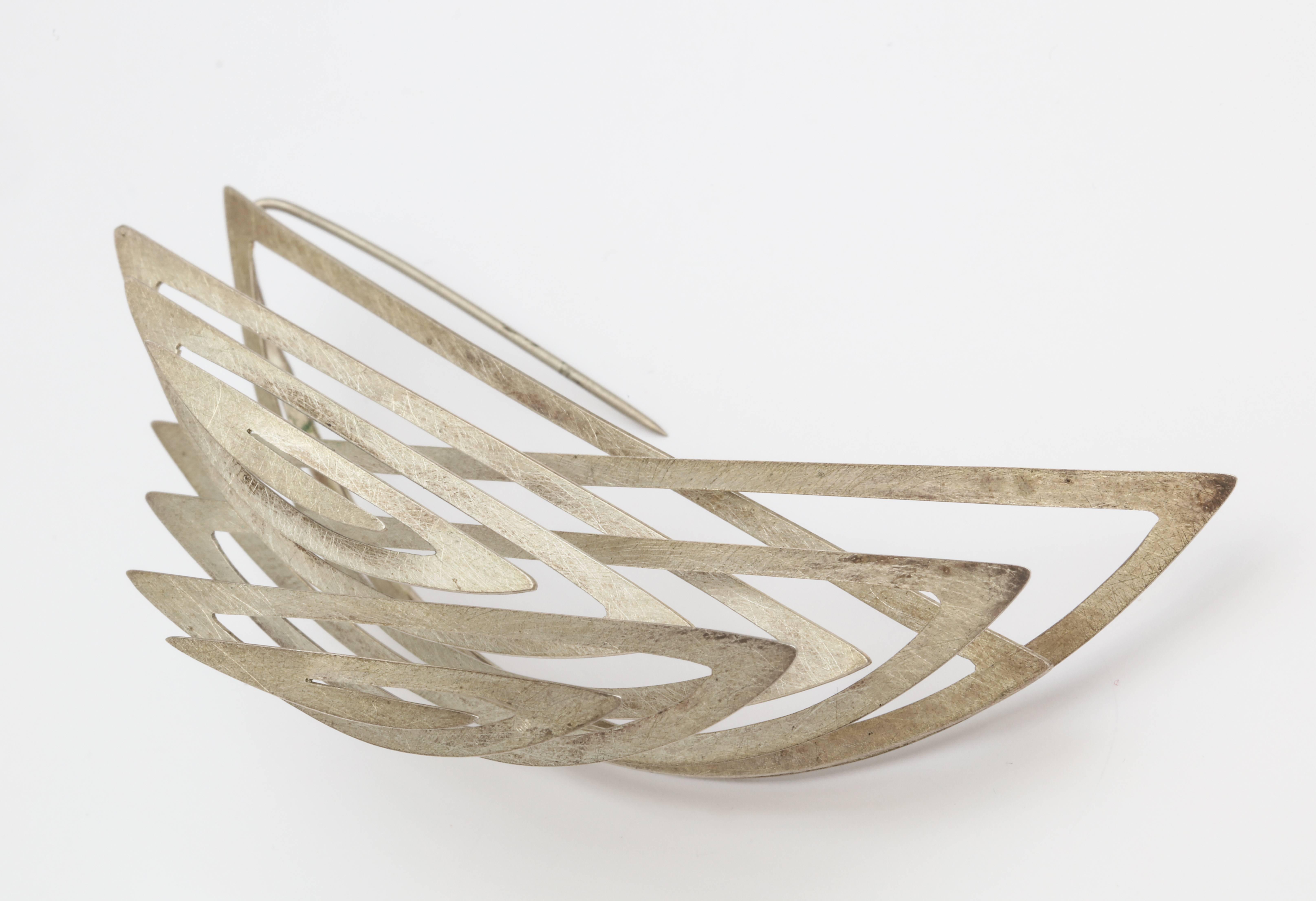 Reiko Ishiyama Modernist  3D Op Art Sterling Silver Double Spiral Spring Pin  3