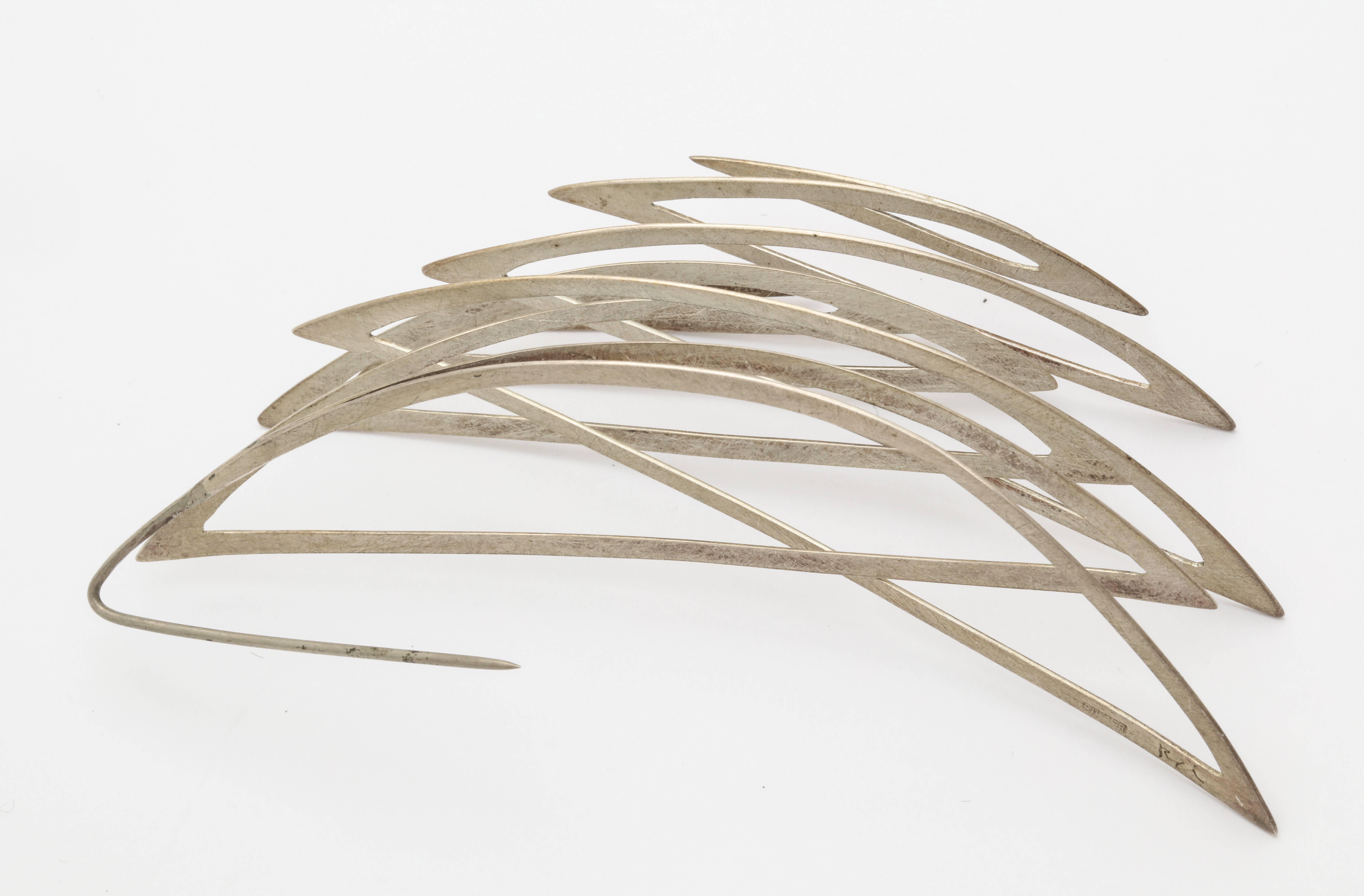 Reiko Ishiyama Modernist  3D Op Art Sterling Silver Double Spiral Spring Pin  1