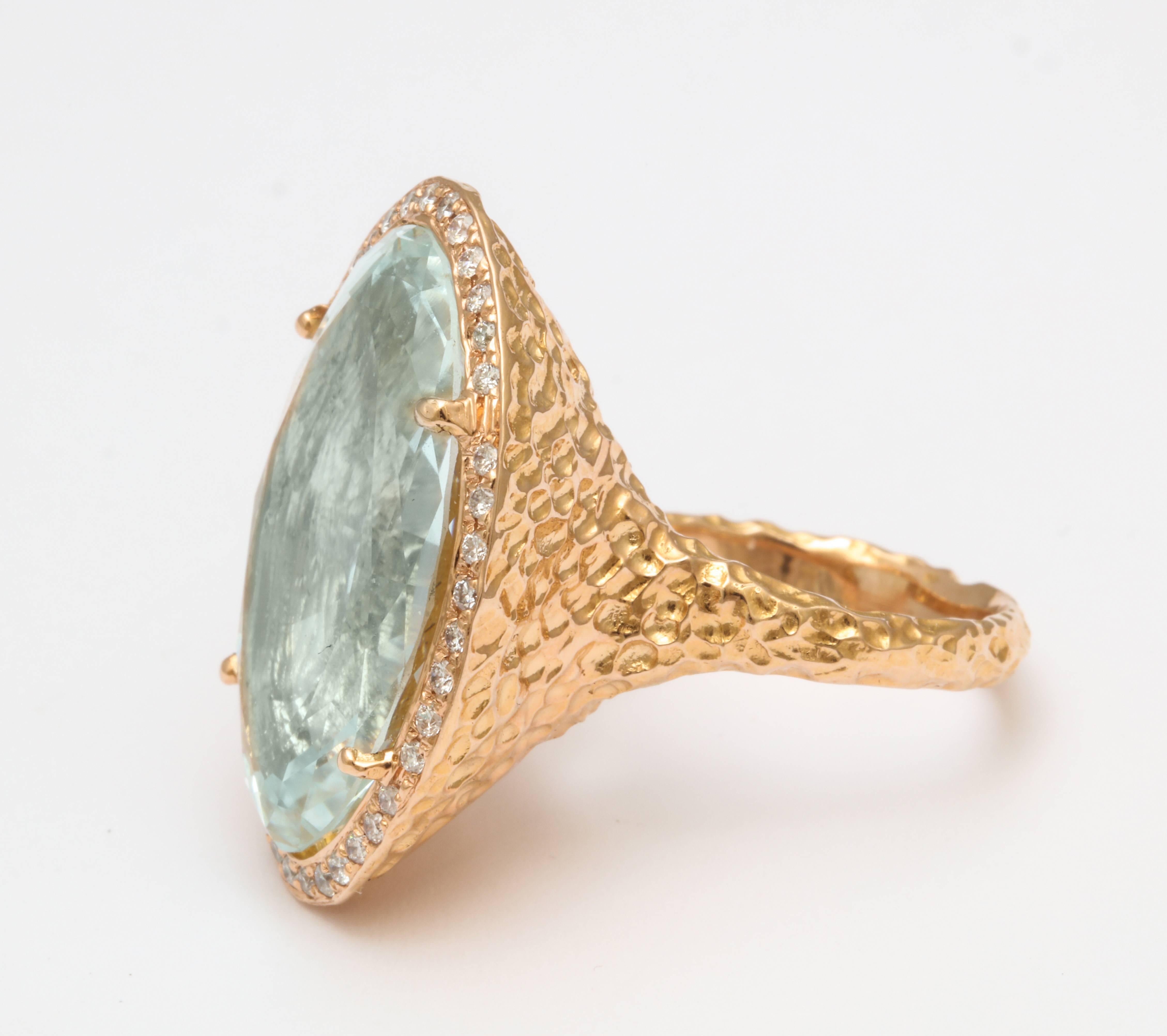 Modern  Oval Aquamarine Hand Hammered Ring For Sale