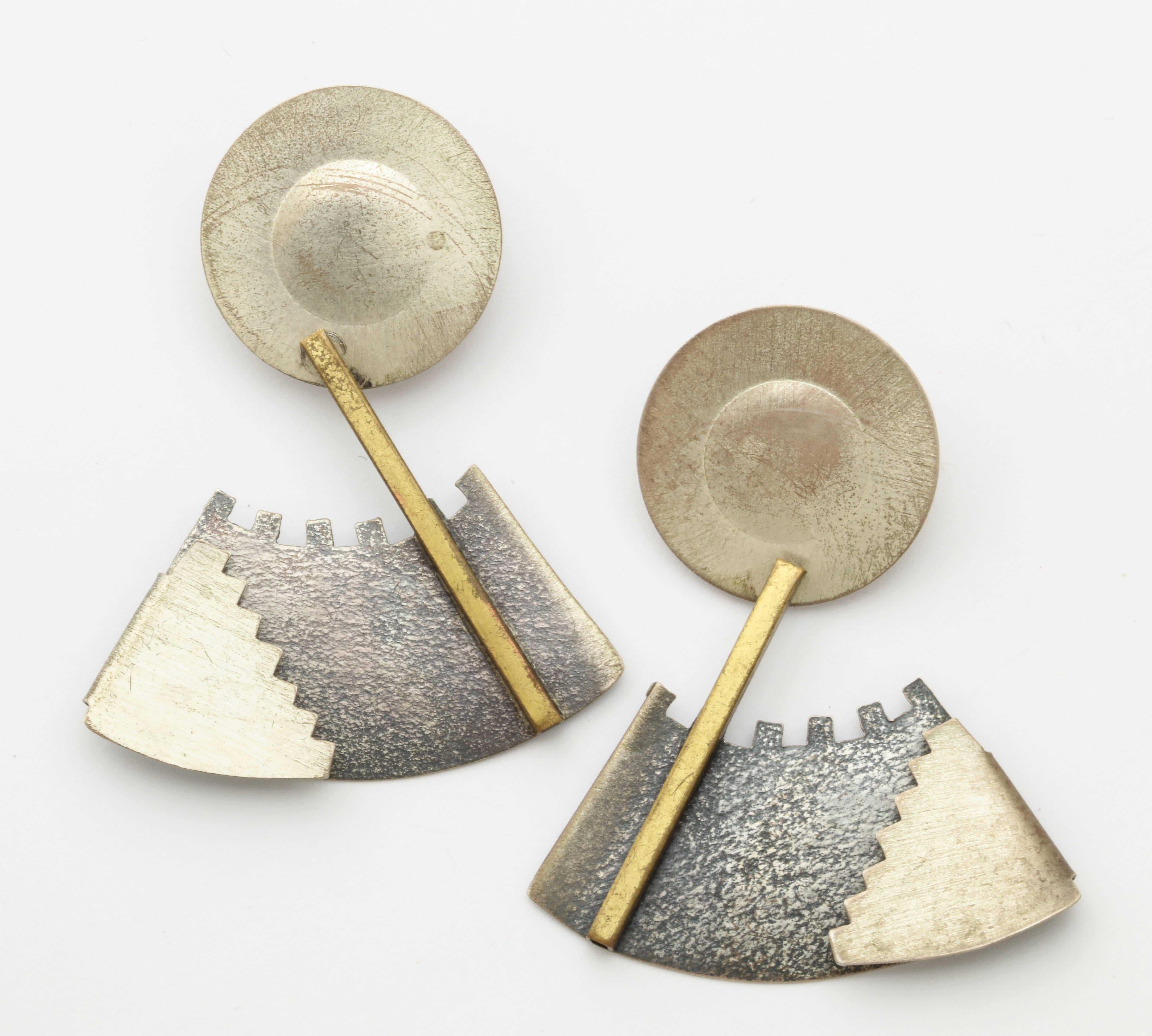 Geometric Memphis Style Silver and Brass Earrings 2