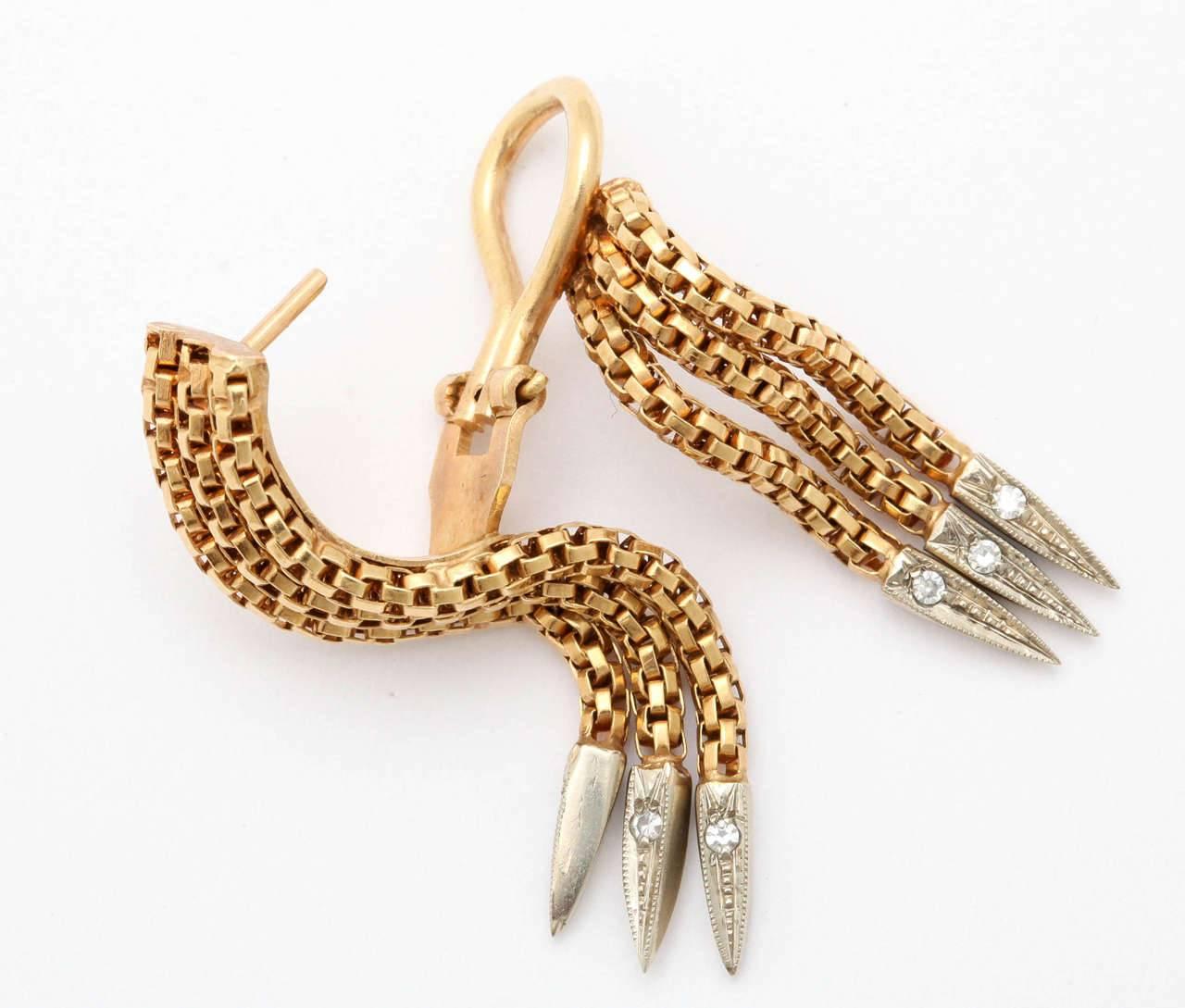 Contemporary Box Link Chain Gold Dangle Clip Earrings with White Gold and Diamond Tips