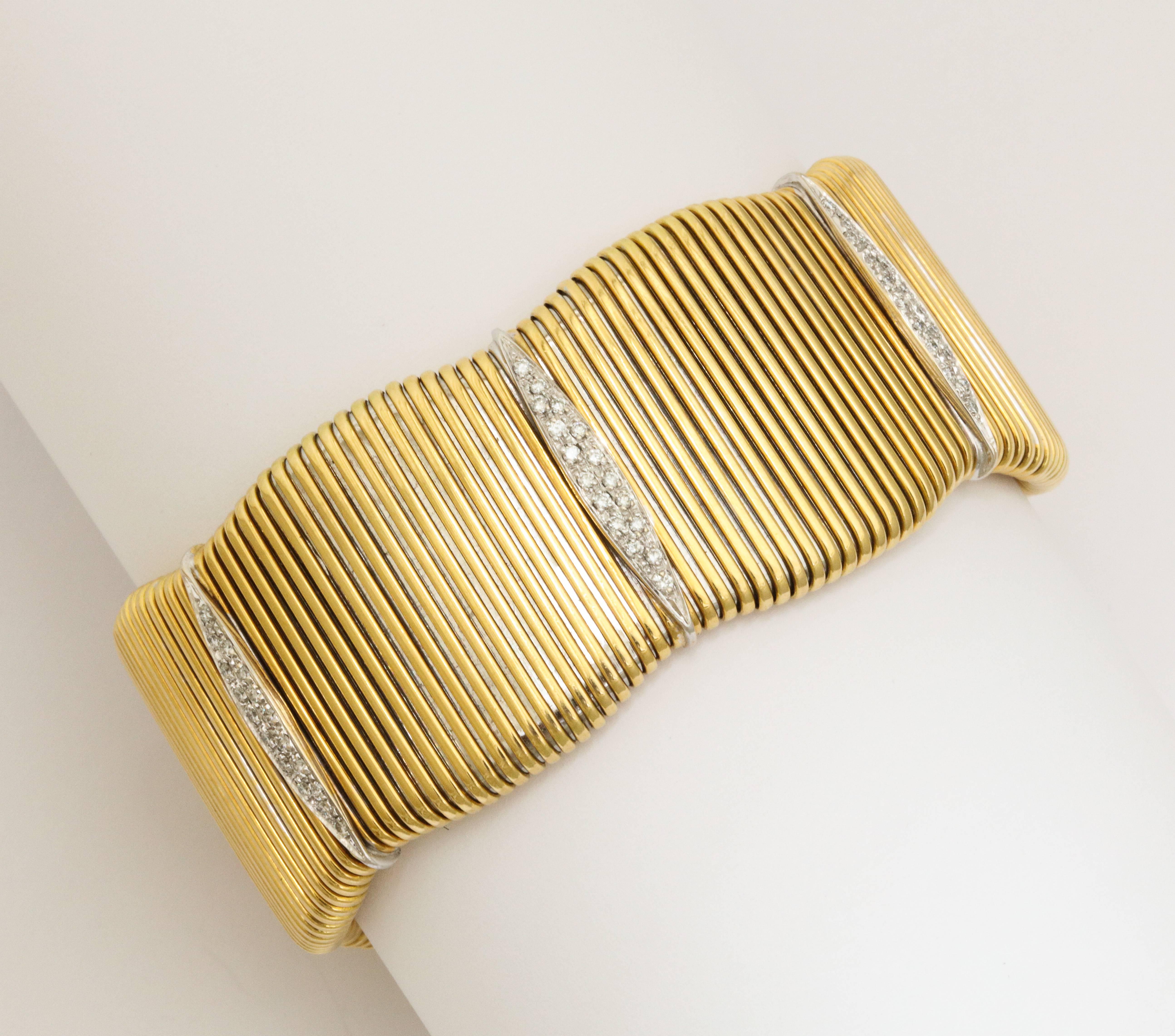 Modernist Gold with Three Diamond Cameos Set in White Gold Flexible French Cuff 4