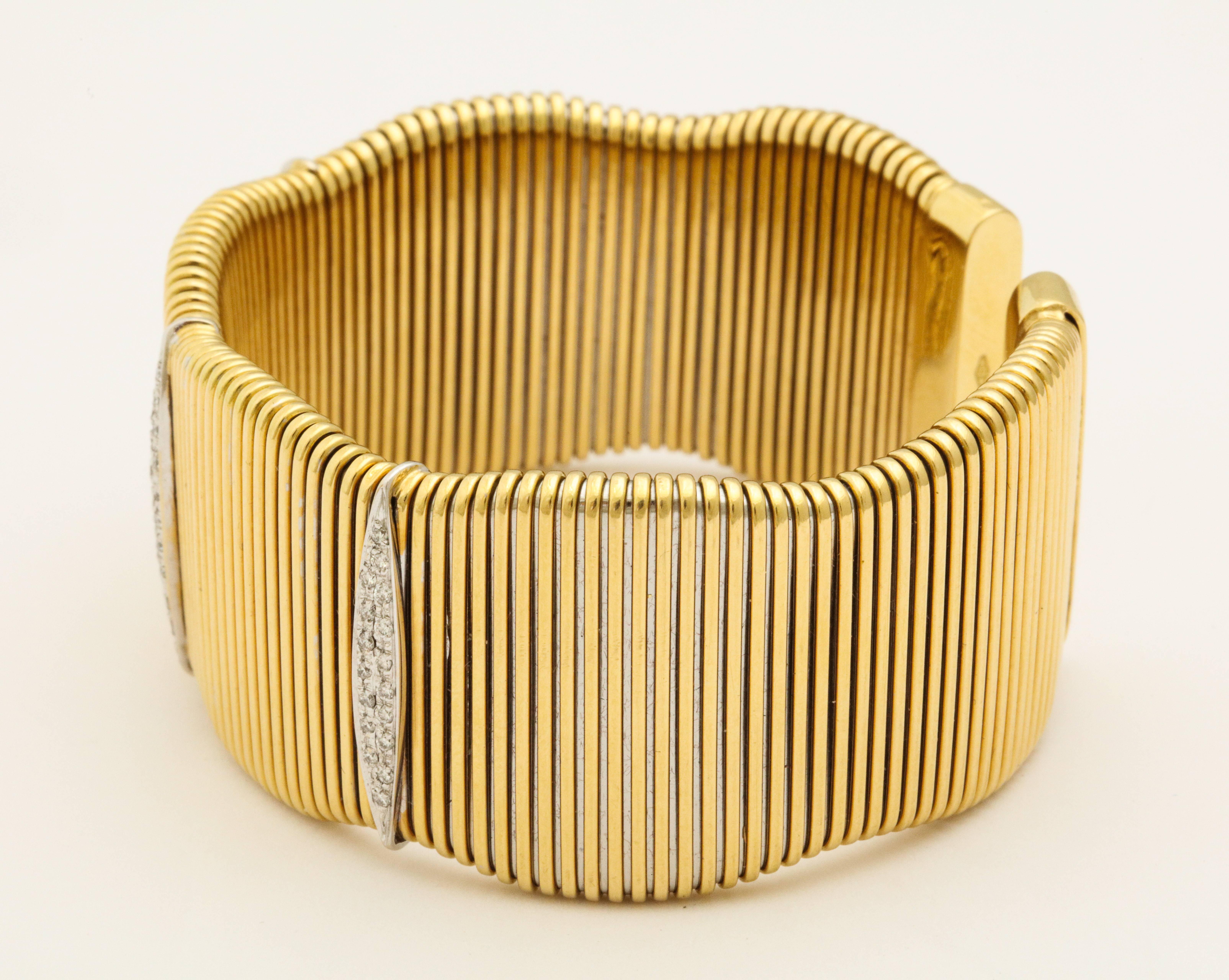 Modernist Gold with Three Diamond Cameos Set in White Gold Flexible French Cuff In Excellent Condition In New York, NY