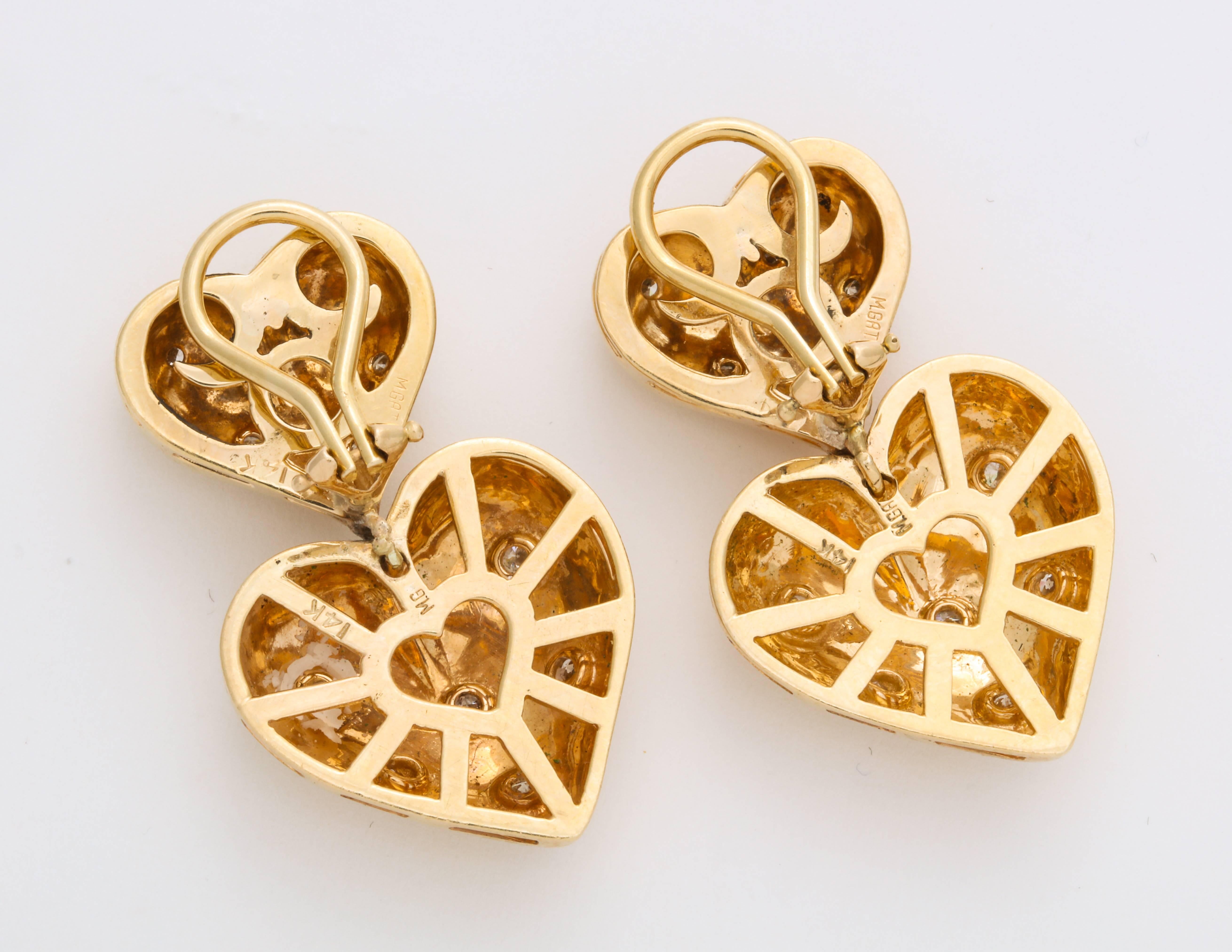 Contemporary Twin Heart Gold and Diamond Earrings by Michael Gates 