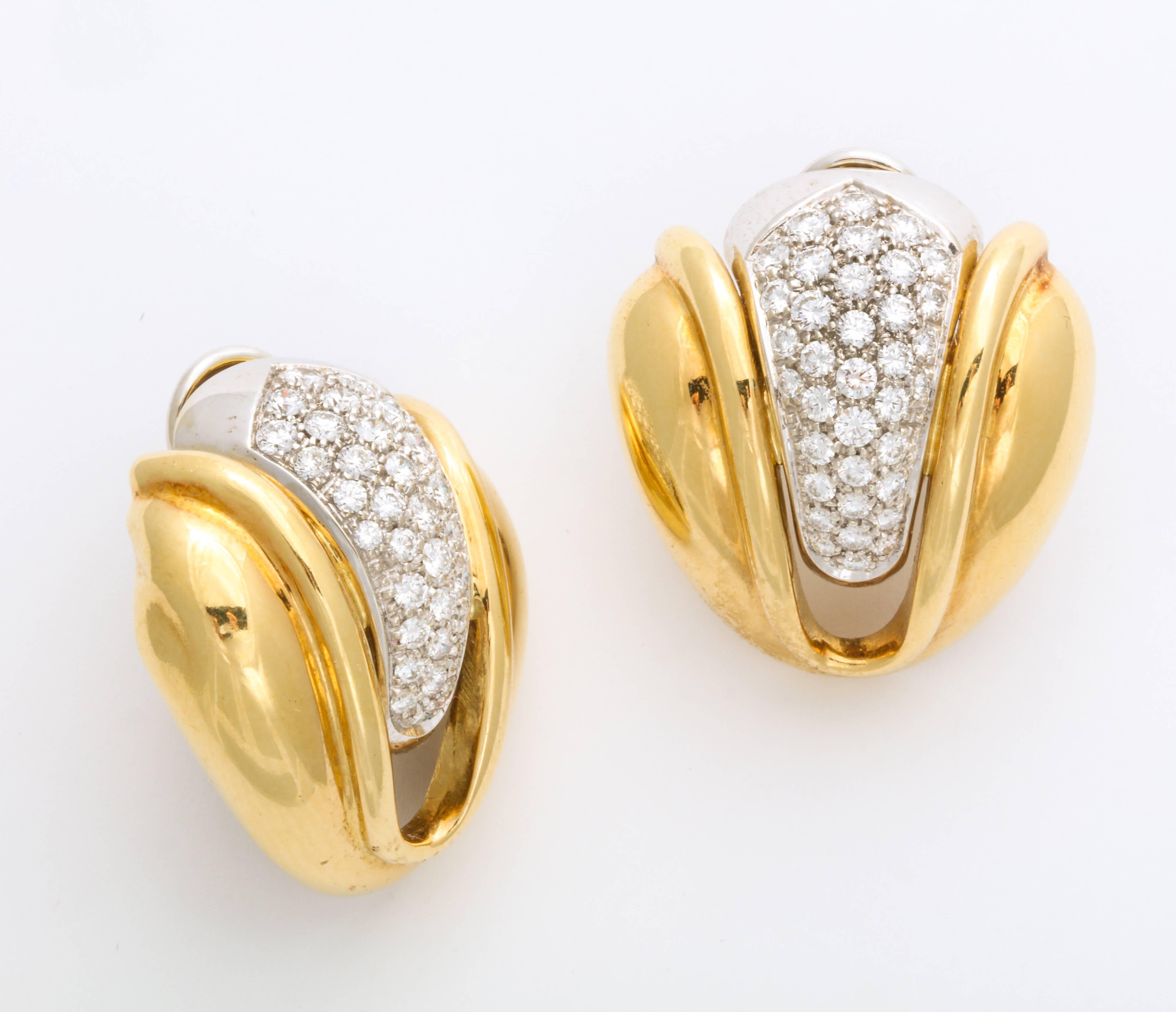 Women's  Diamond and Gold Petal Form clip Earrings For Sale