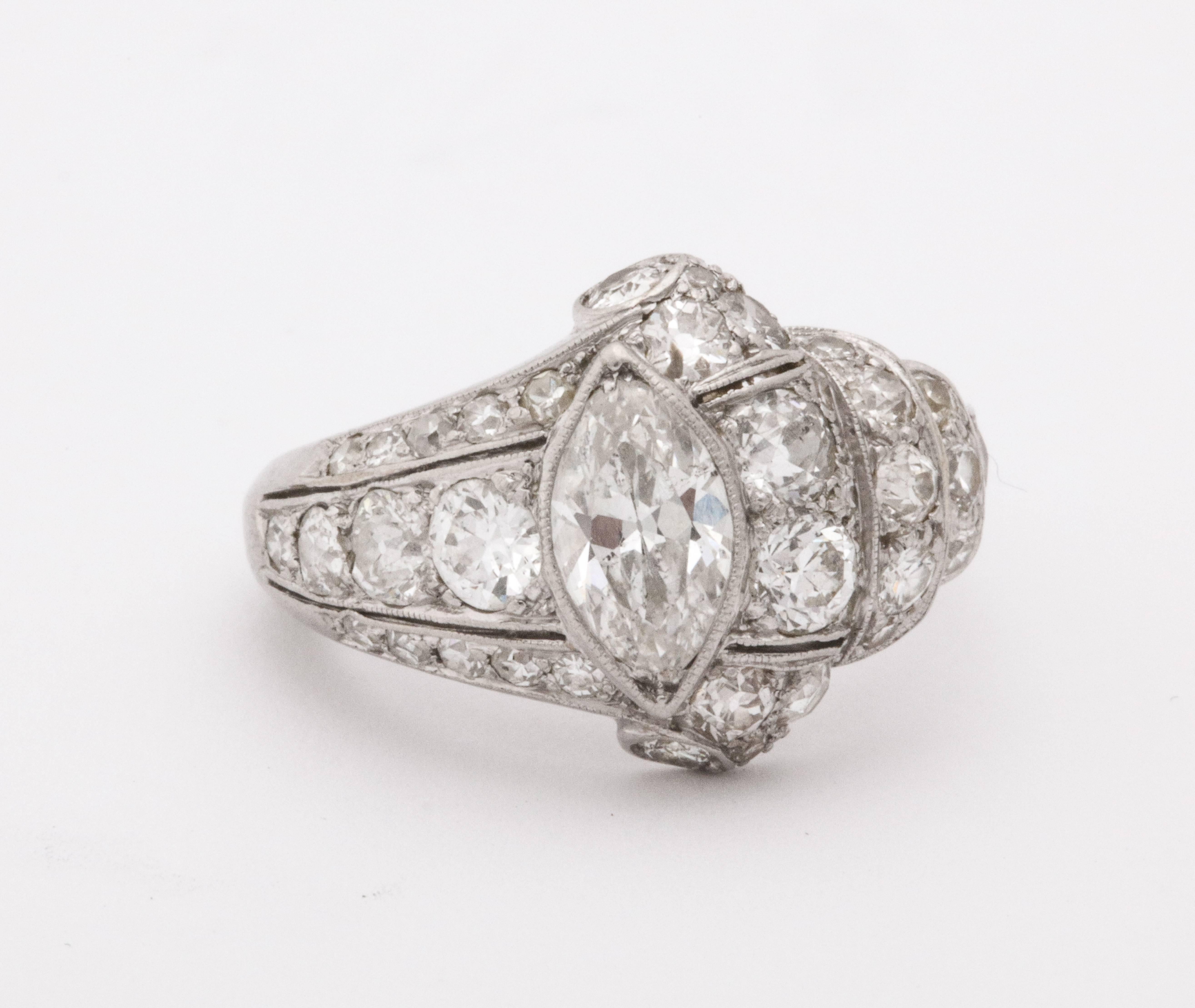 Marquise Cut Art Deco Platinum Marquise Diamond Cocktail Ring  For Sale