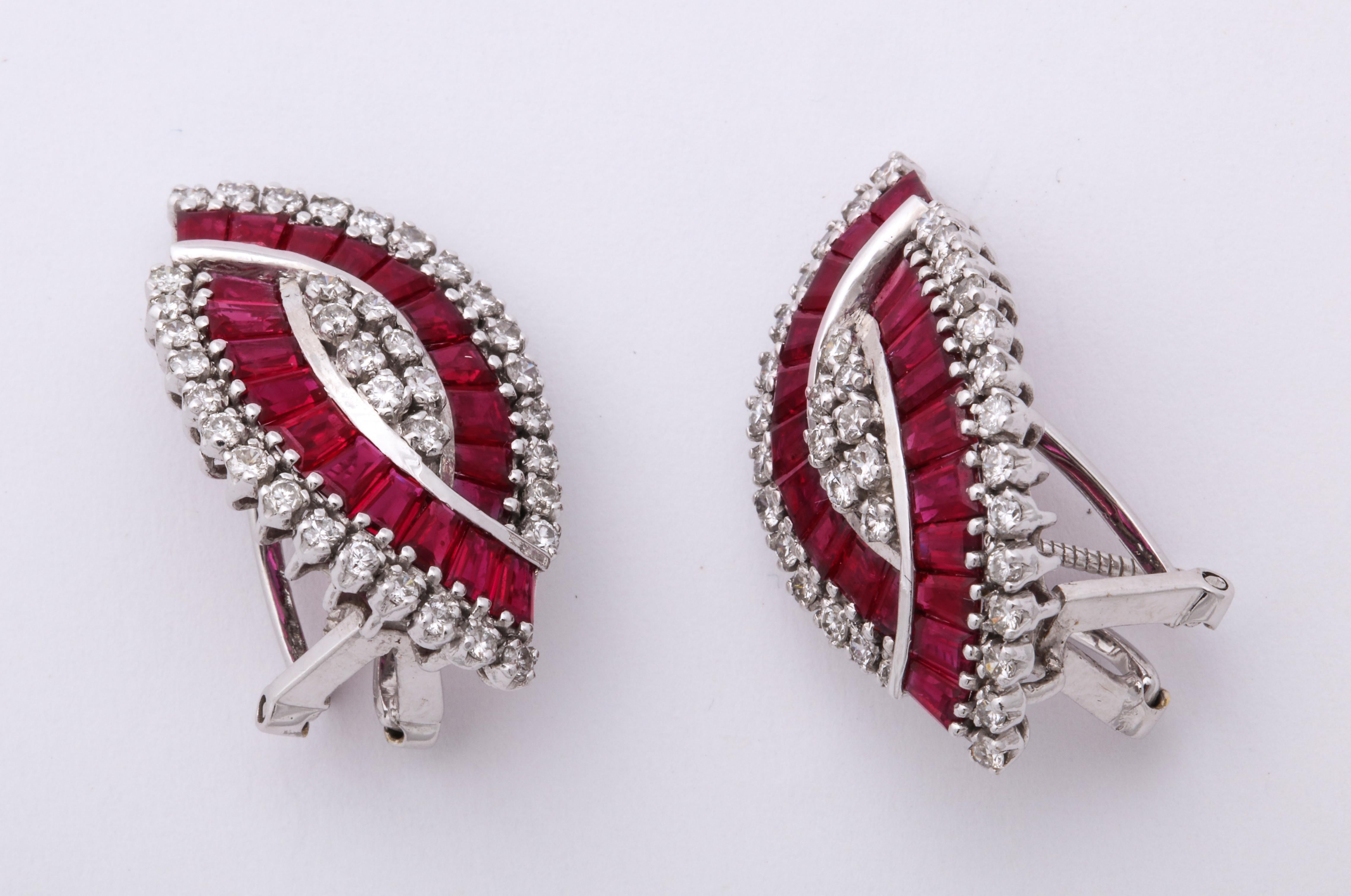 Baguette Cut  Vintage Natural Ruby and Diamond Earrings White  Gold For Sale