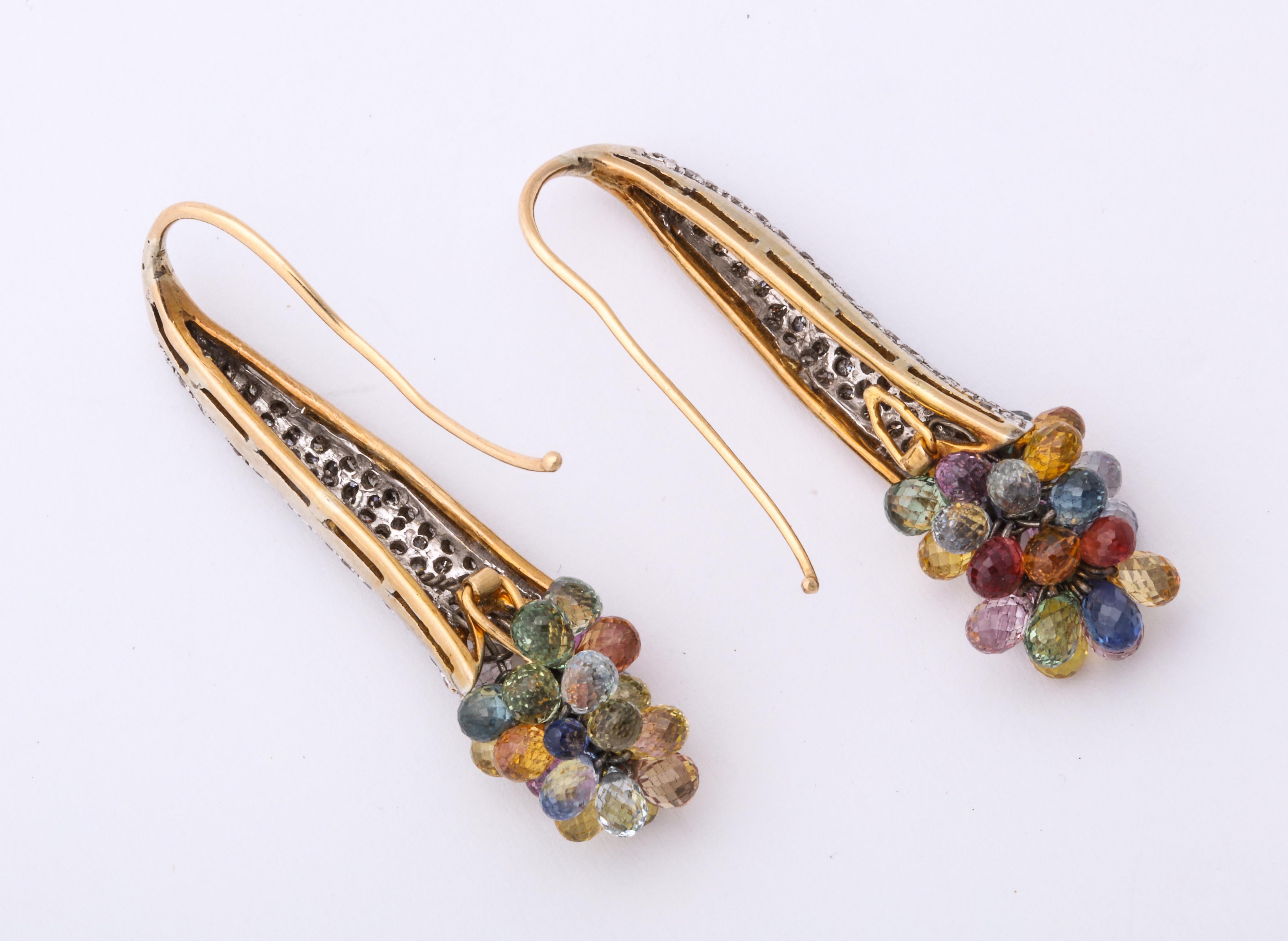 Romantic Diamond Earrings with a  Dangling Bouquet of Colored  Gemstones