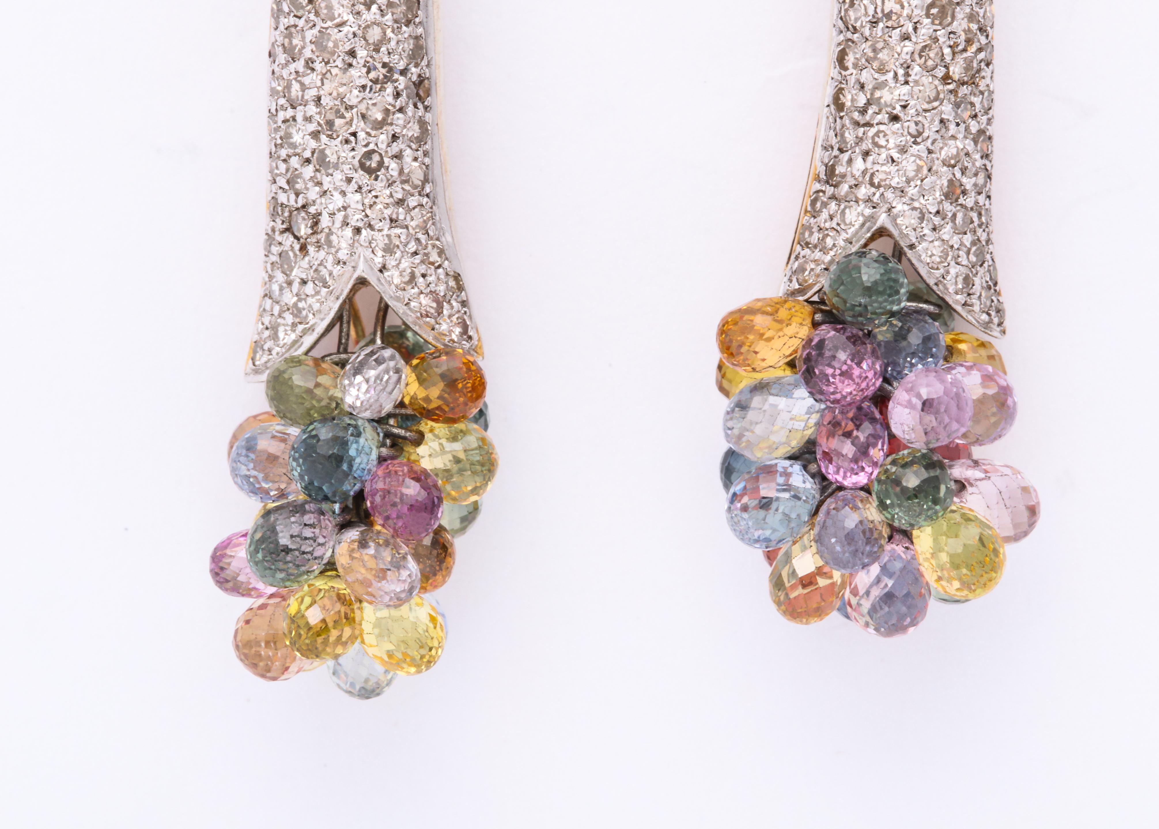 Oval Cut Diamond Earrings with a  Dangling Bouquet of Colored  Gemstones