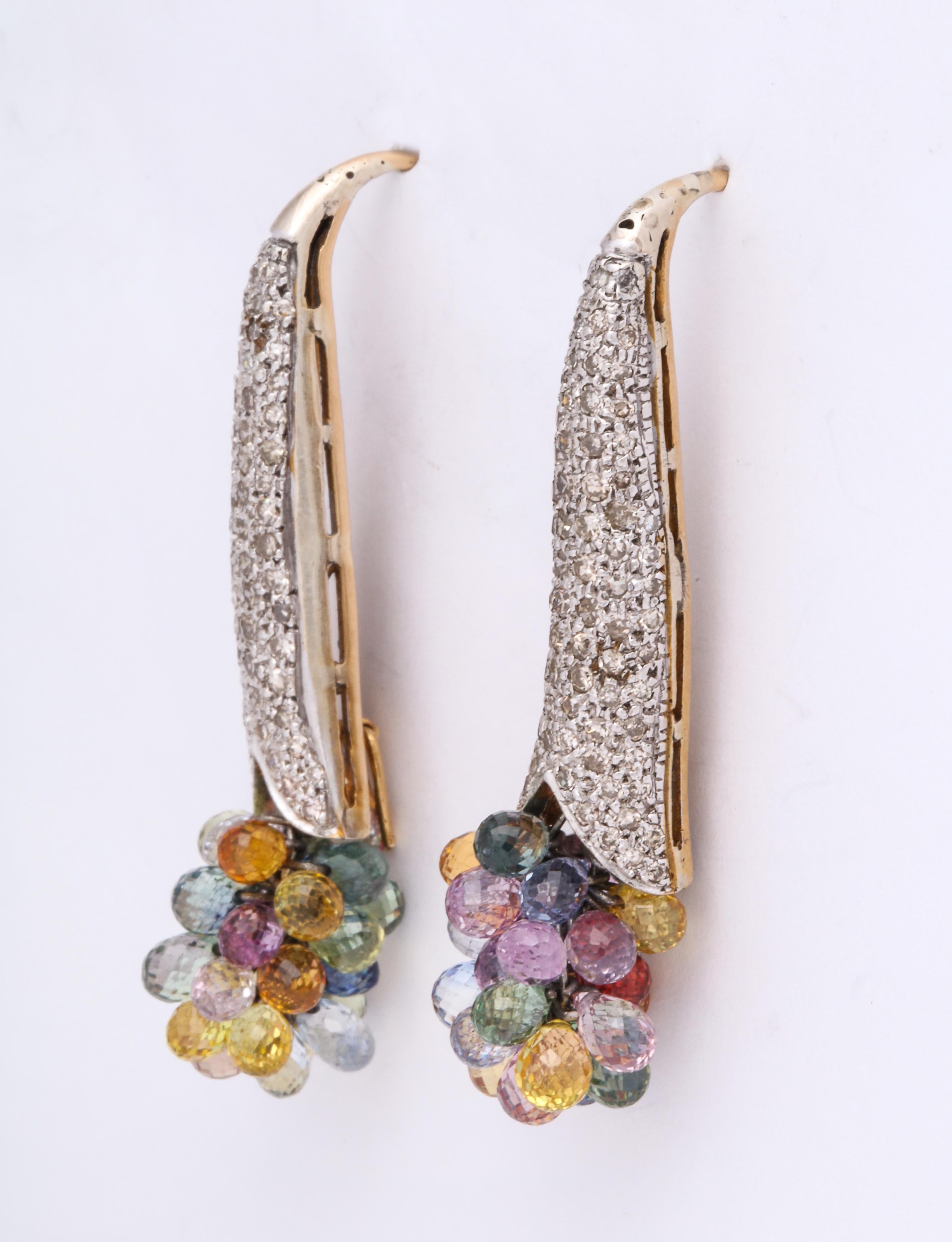 Diamond Earrings with a  Dangling Bouquet of Colored  Gemstones In Excellent Condition In New York, NY