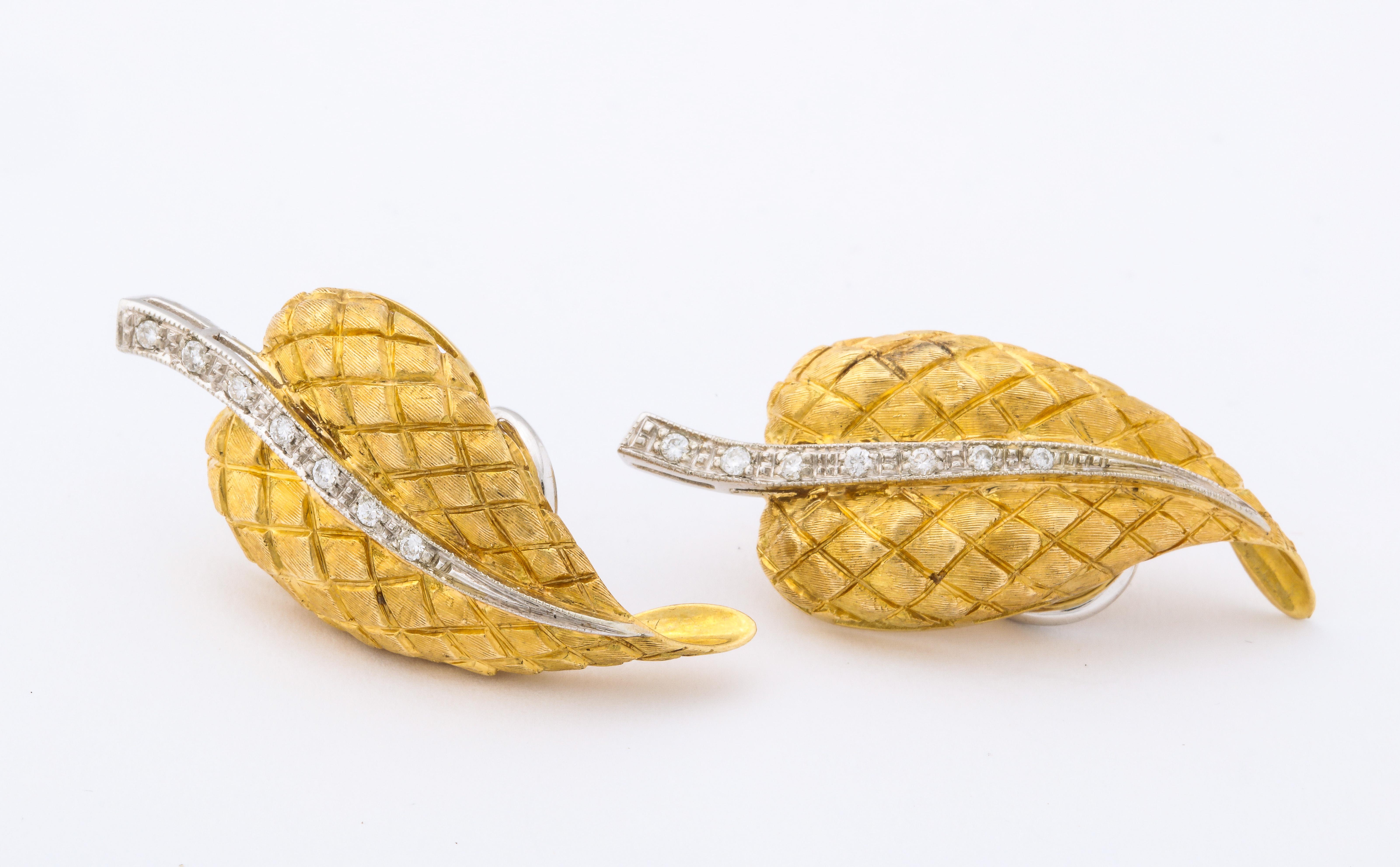 Cartier 18 Karat Gold  Leaf Form Clip Earrings with Diamond Stem 1