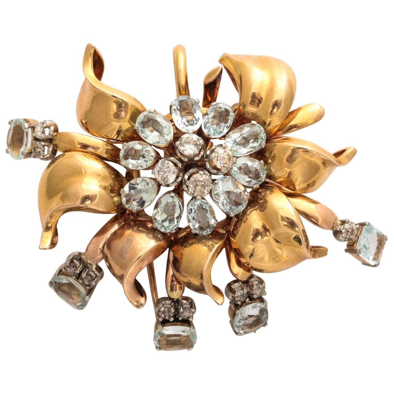 Retro Aquamarine and Diamond Gold Brooch/Pin For Sale