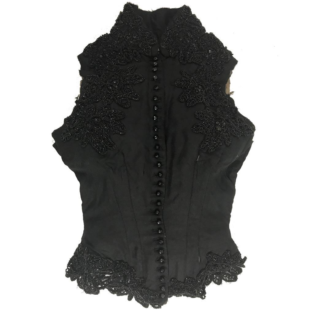1880s  Victorian Black Glass Beaded Silk Twill Whale Bone Mourning Bodice For Sale