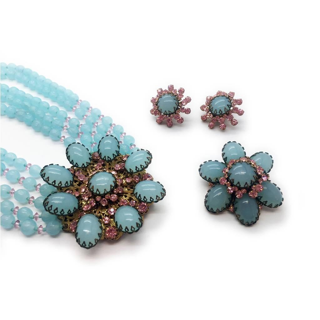 Women's 1960s Miriam Haskell Signed Aqua and Pink Murano Glass Beads Demi Parure For Sale