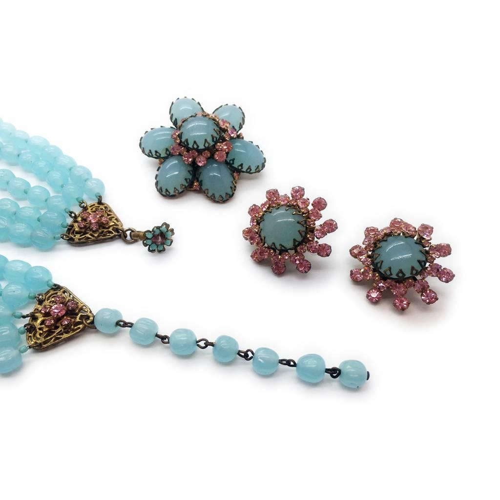 1960s Miriam Haskell Signed Aqua and Pink Murano Glass Beads Demi Parure For Sale 1