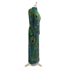 1970s Unsigned Leonard Paris Silk Jersey Green & Blue Peacock Maxi Tunic Dress