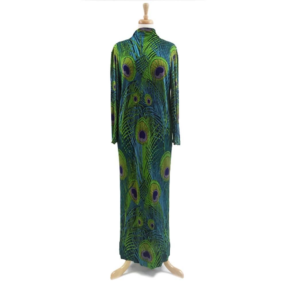 1970s Unsigned Leonard Paris Silk Jersey Green & Blue Peacock Maxi Tunic Dress In Excellent Condition In London, GB