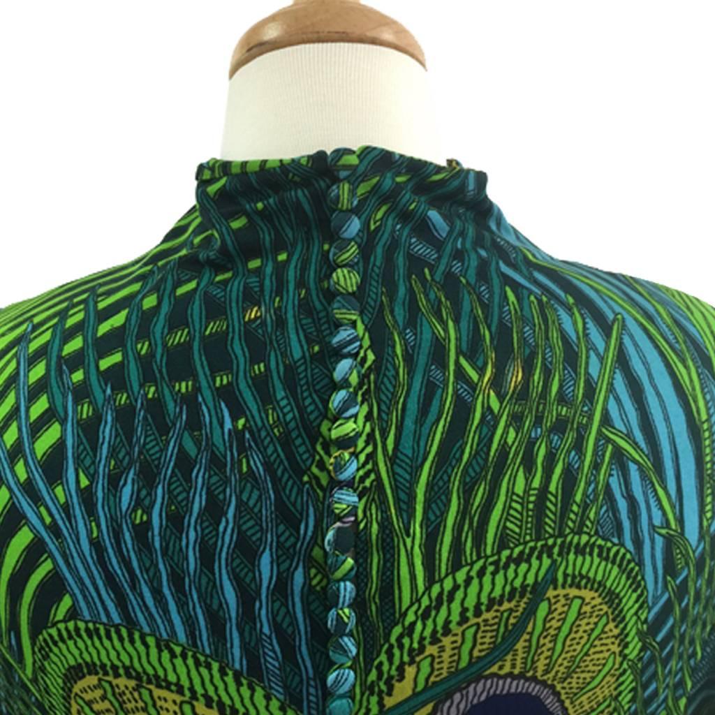 Women's 1970s Unsigned Leonard Paris Silk Jersey Green & Blue Peacock Maxi Tunic Dress