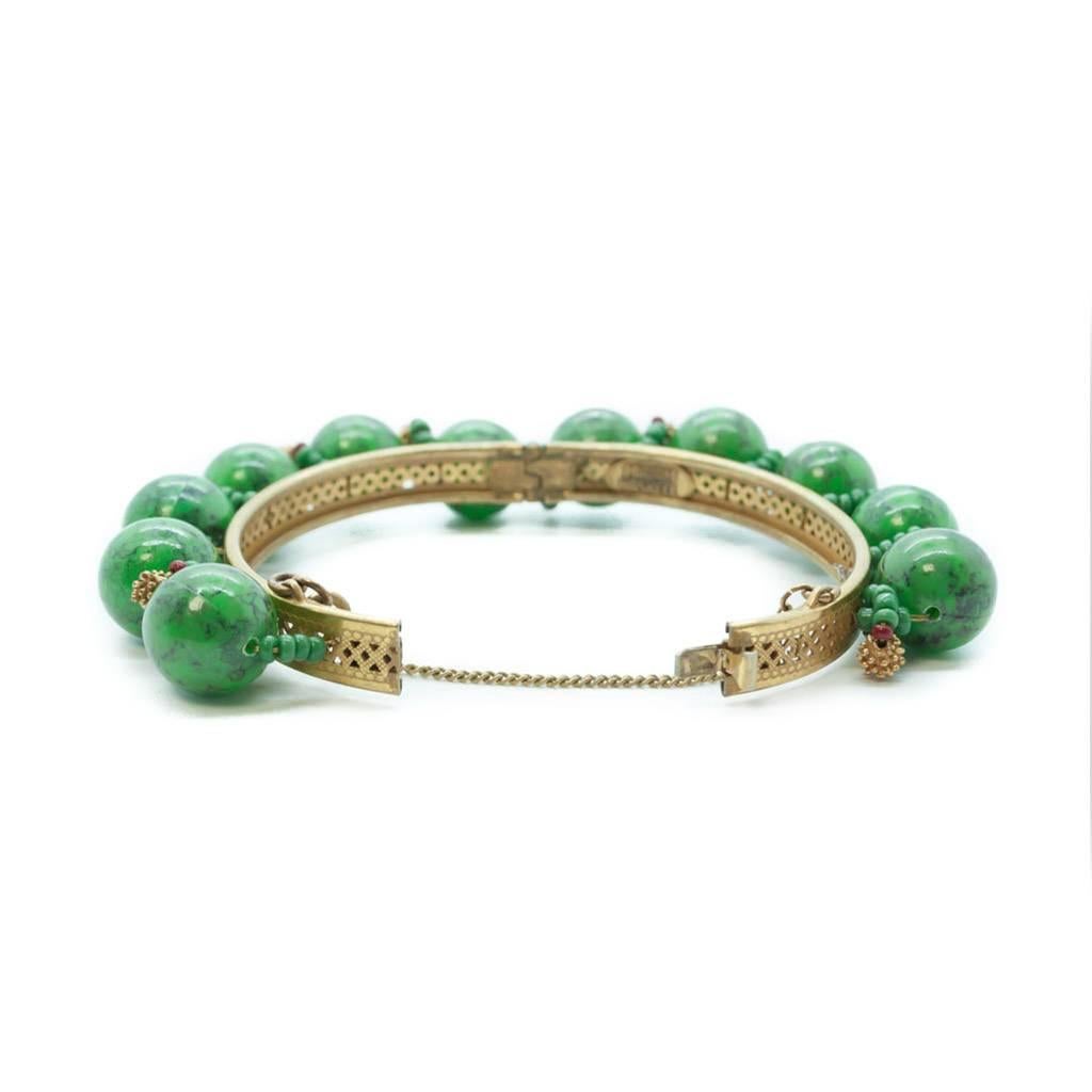 Women's 1950s Miriam Haskell Green Plastic Bead and Russian Gold Metal Bracelet For Sale