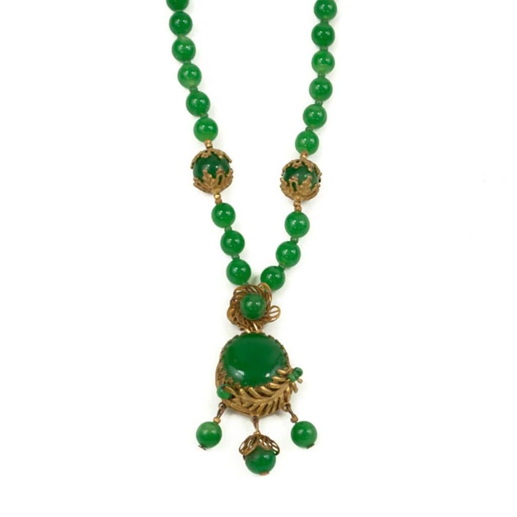 Women's Miriam Haskell signed Green Glass Bead Necklace, 1940s For Sale