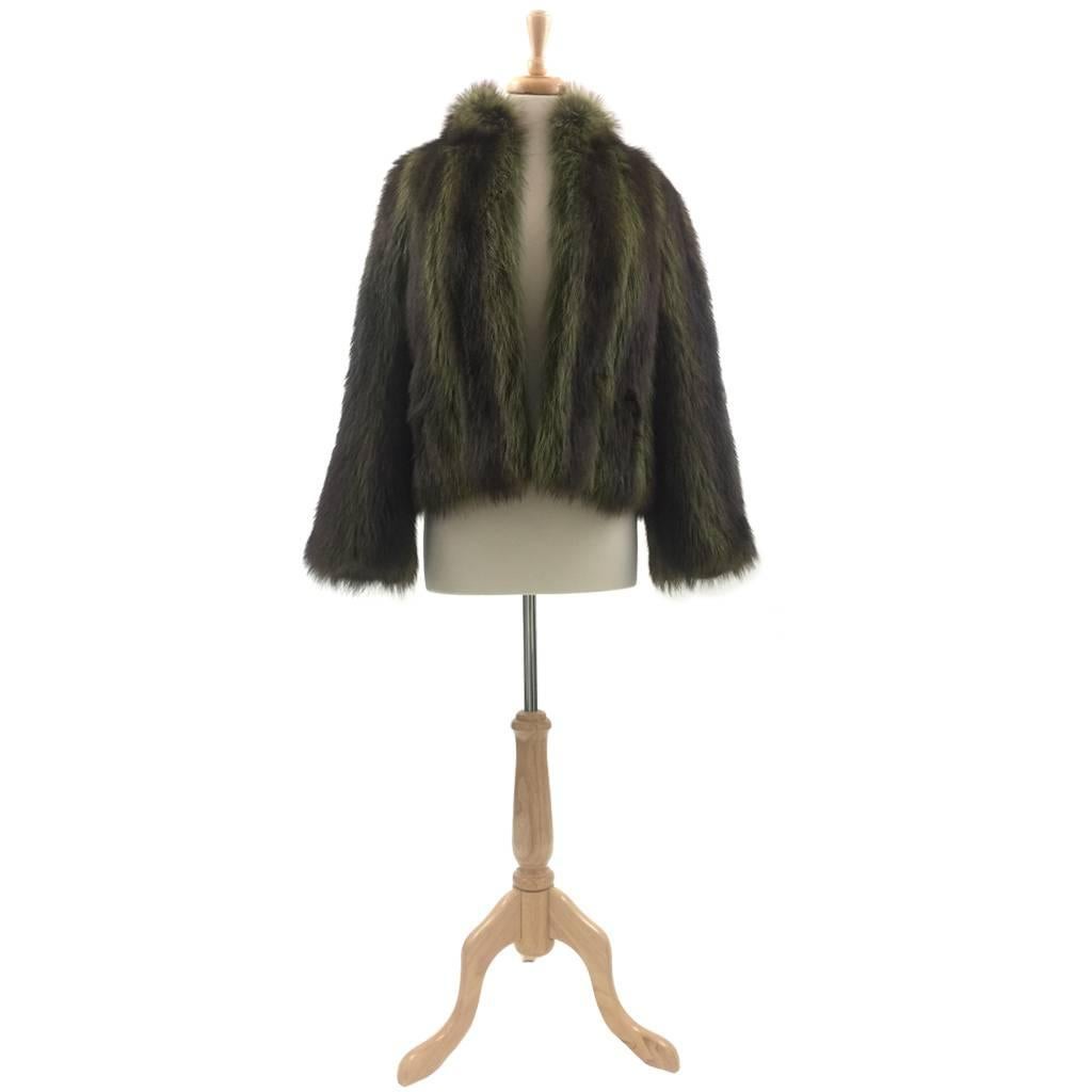 Black 1970s Maxwell Crof Bespoke Après Ski Green Dyed Raccoon Fur Jacket For Sale