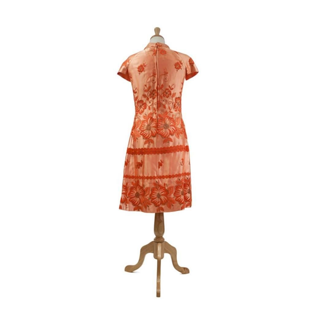 Orange 1960s Rayon Satin & Embroidery Apricot Oriental Inspired Cocktail Dress For Sale
