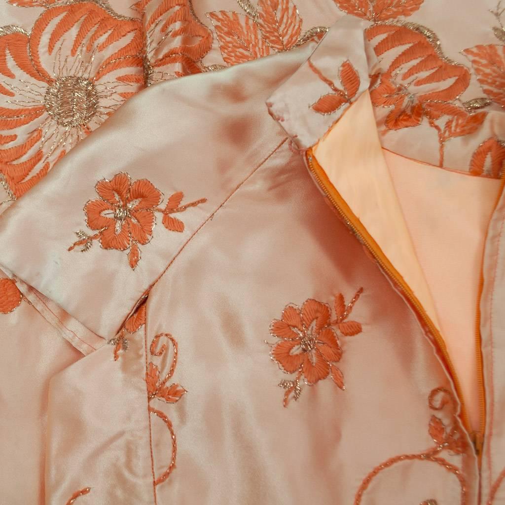 1960s Rayon Satin & Embroidery Apricot Oriental Inspired Cocktail Dress In Excellent Condition For Sale In London, GB