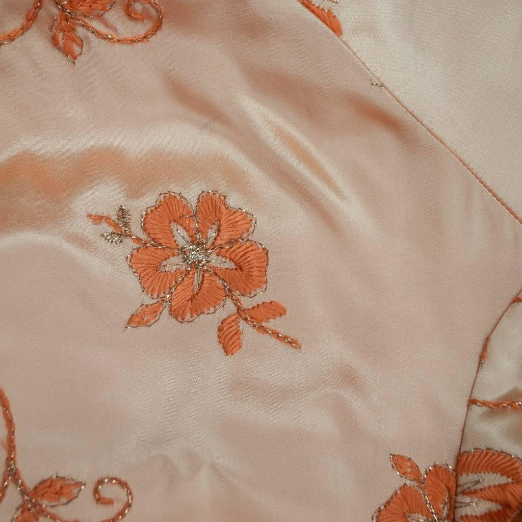 Women's 1960s Rayon Satin & Embroidery Apricot Oriental Inspired Cocktail Dress For Sale