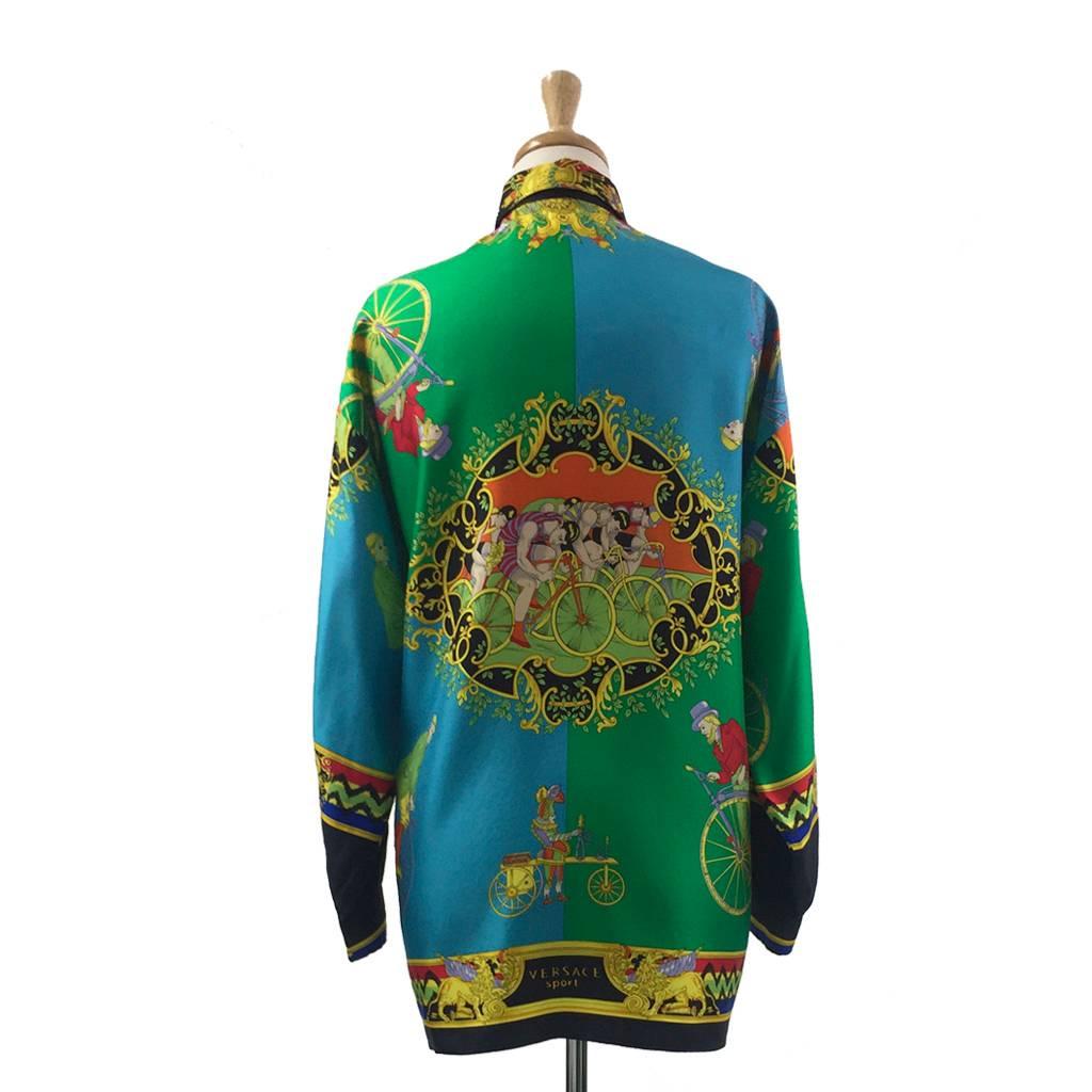 Black  1990s Versace Sport Cyclists Printed Silk Shirt in Green & Turquoise Blue 