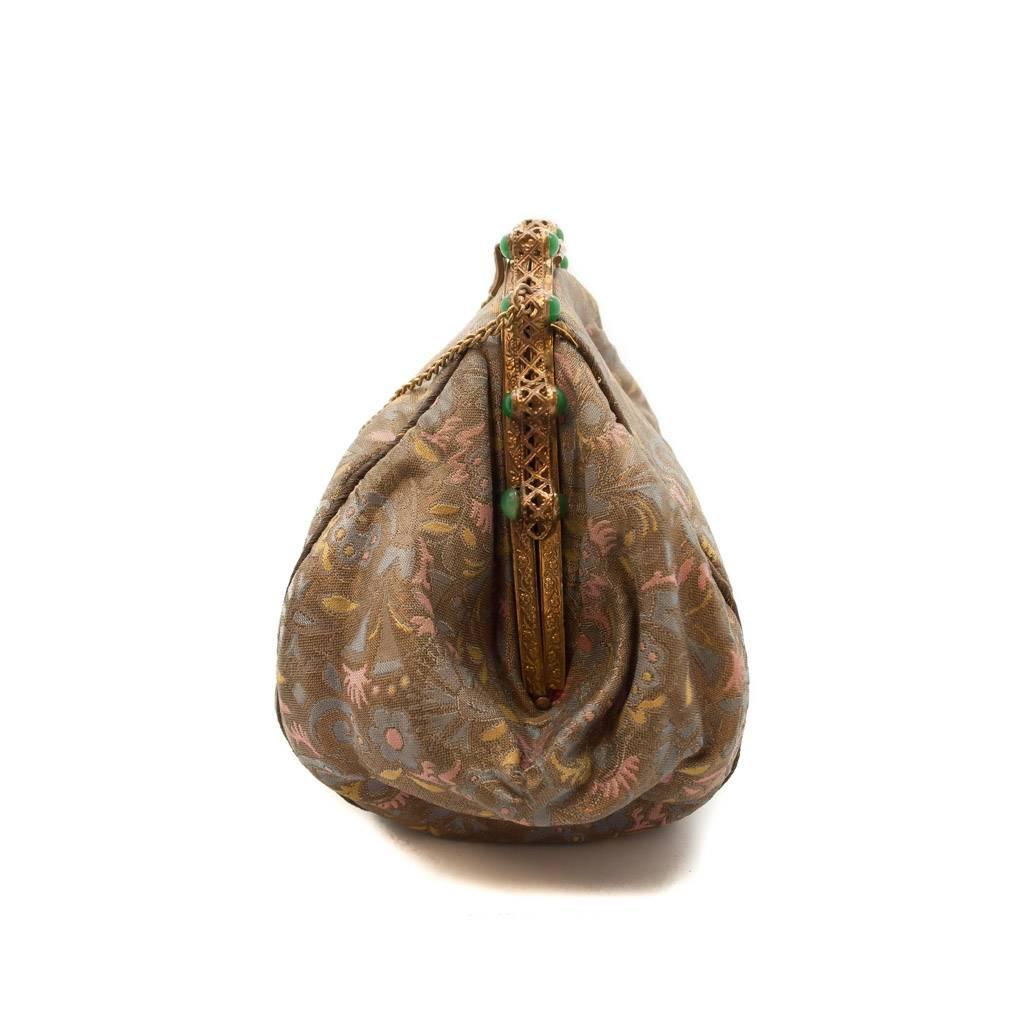 Brown Silk Brocade and Green Jade Colour Glass Beads Jeweled Frame Evening Bag, 1930s For Sale