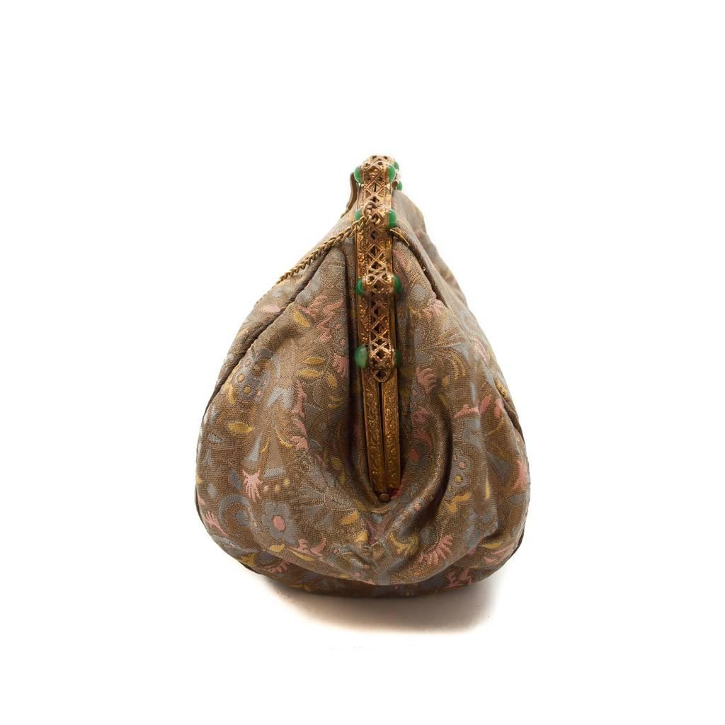 Brown Silk Brocade and Green Jade Colour Glass Beads Jeweled Frame Evening Bag, 1930s  For Sale