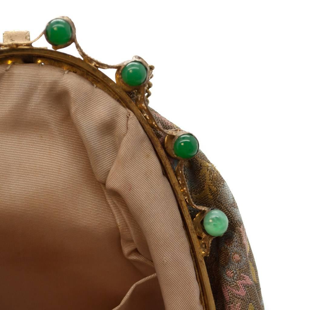 Women's Silk Brocade and Green Jade Colour Glass Beads Jeweled Frame Evening Bag, 1930s  For Sale