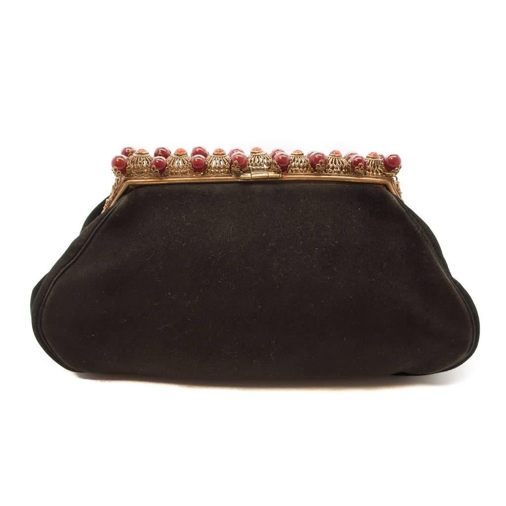 This is an irresistible 1930s Antelope Suede evening ( or day!)  bag with the most gorgeous and show stopping  bead  encrusted brass frame. The bag is Made in France and is a truly fine representative of that genre in its  quality and style. The