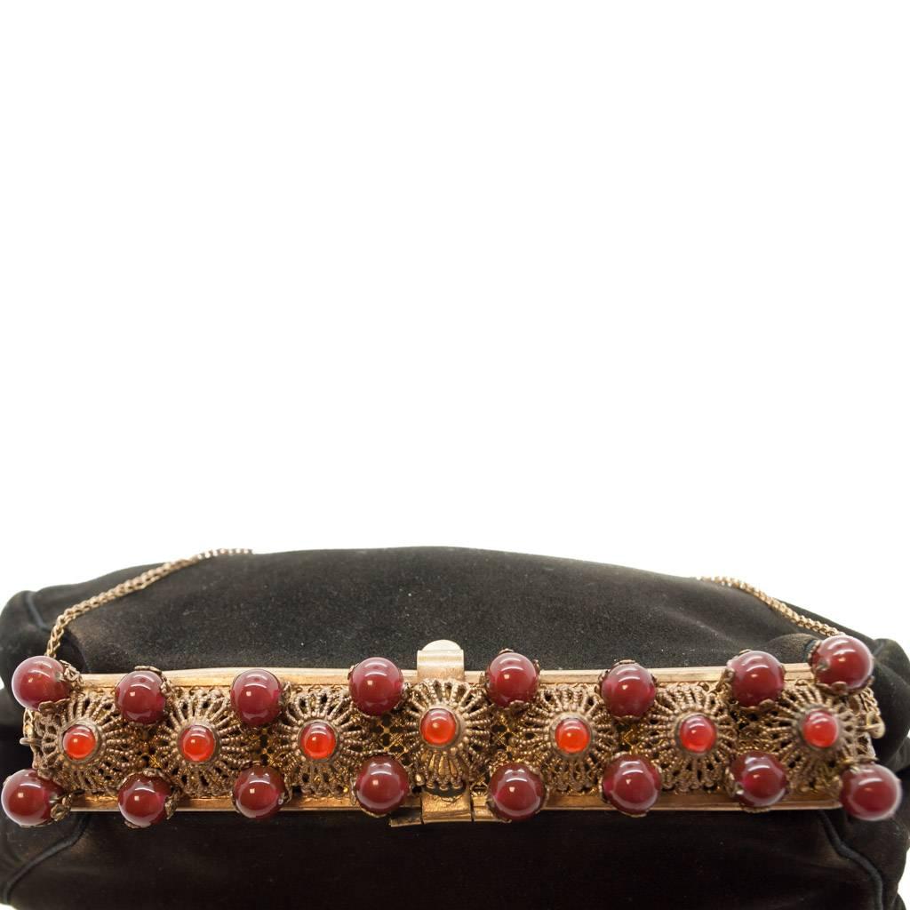 Women's Black Antelope Suede with  Deep Red Glass Bead Encrusted Brass Frame Bag, 1930s For Sale