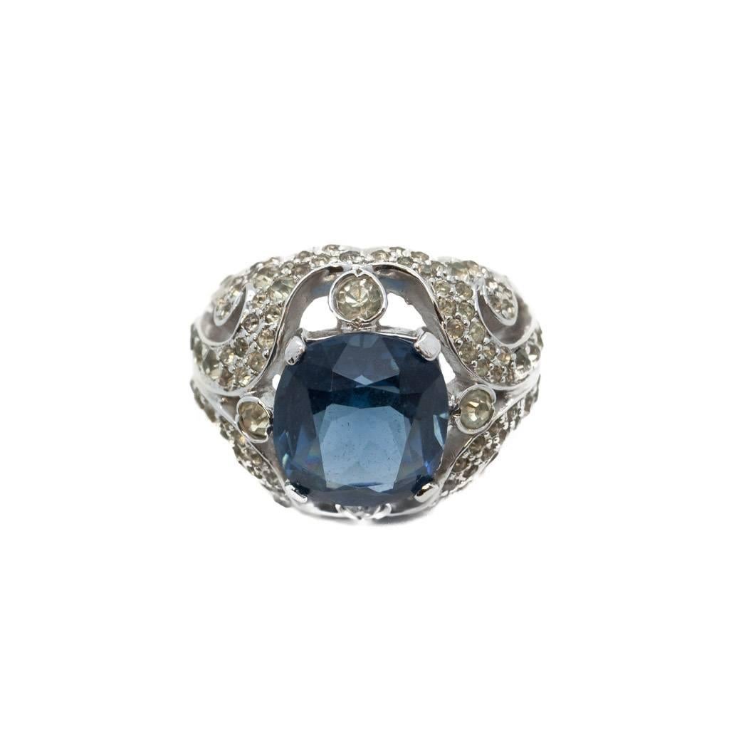 Art Deco Mid 20th Century Jomaz Blue Sapphire & Clear Rhinestone Costume Cocktail Ring For Sale