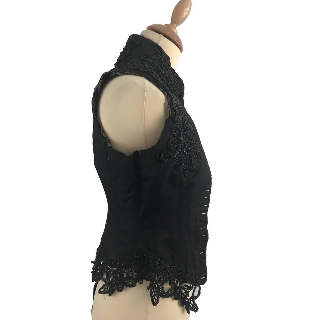Women's or Men's 1880s  Victorian Black Glass Beaded Silk Twill Whale Bone Mourning Bodice For Sale
